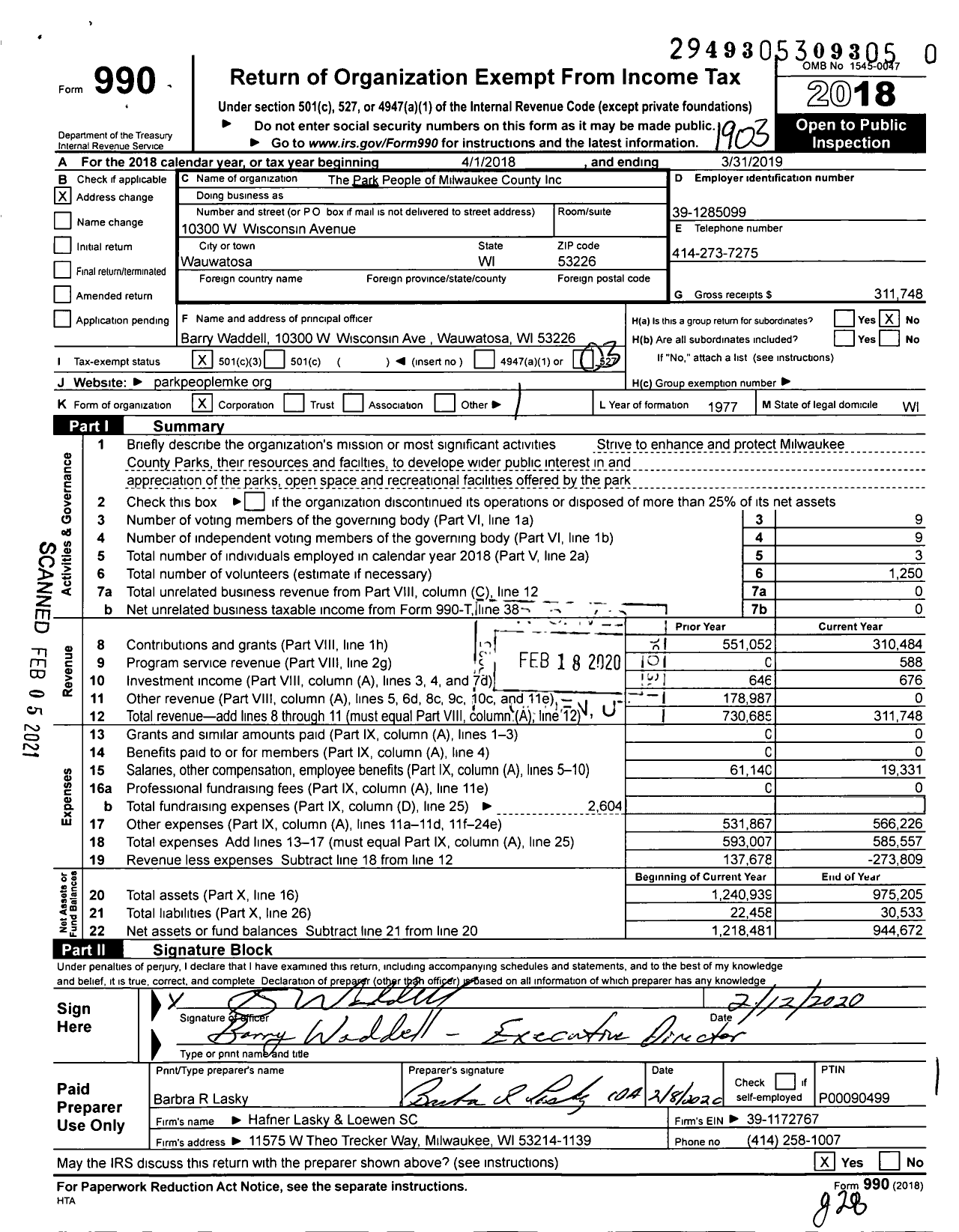 Image of first page of 2018 Form 990 for The Park People of Milwaukee County