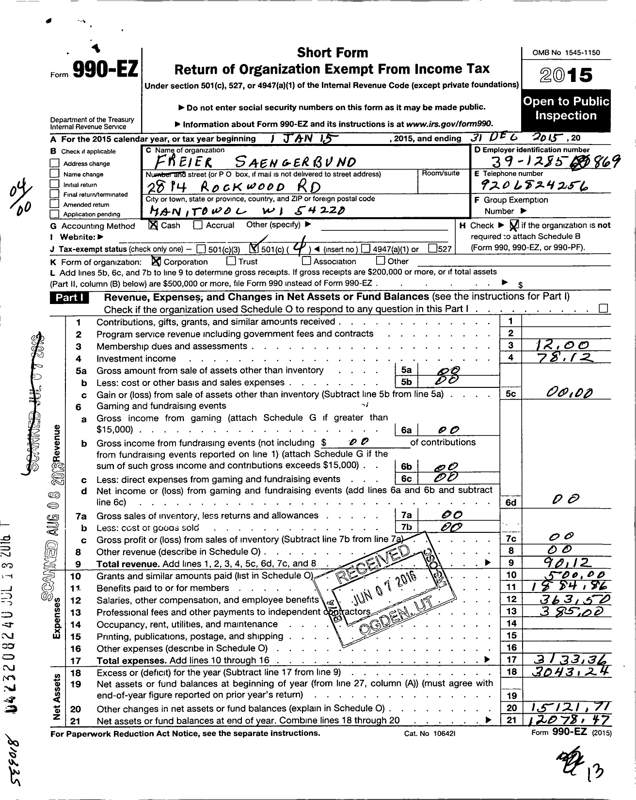 Image of first page of 2015 Form 990EO for FREIER SAENGerBUND