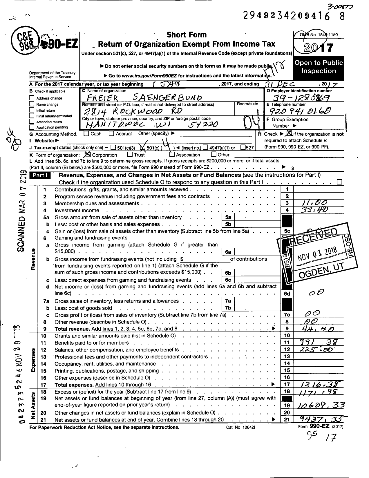 Image of first page of 2017 Form 990EO for FREIER SAENGerBUND