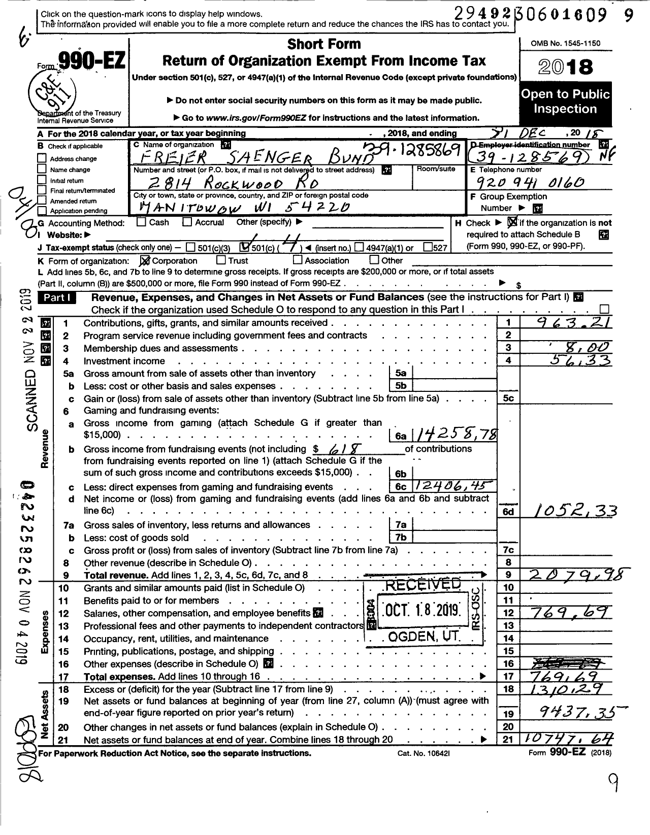 Image of first page of 2018 Form 990EO for FREIER SAENGerBUND