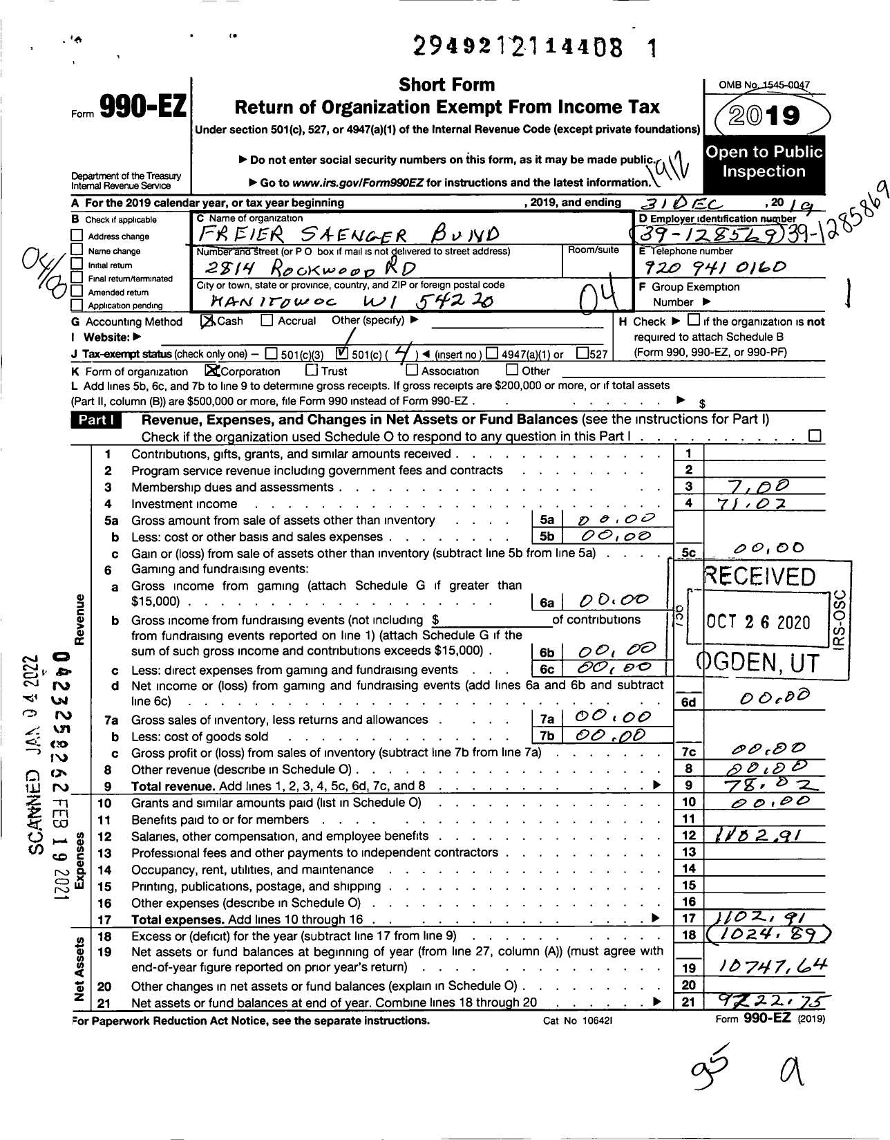 Image of first page of 2019 Form 990EO for FREIER SAENGerBUND