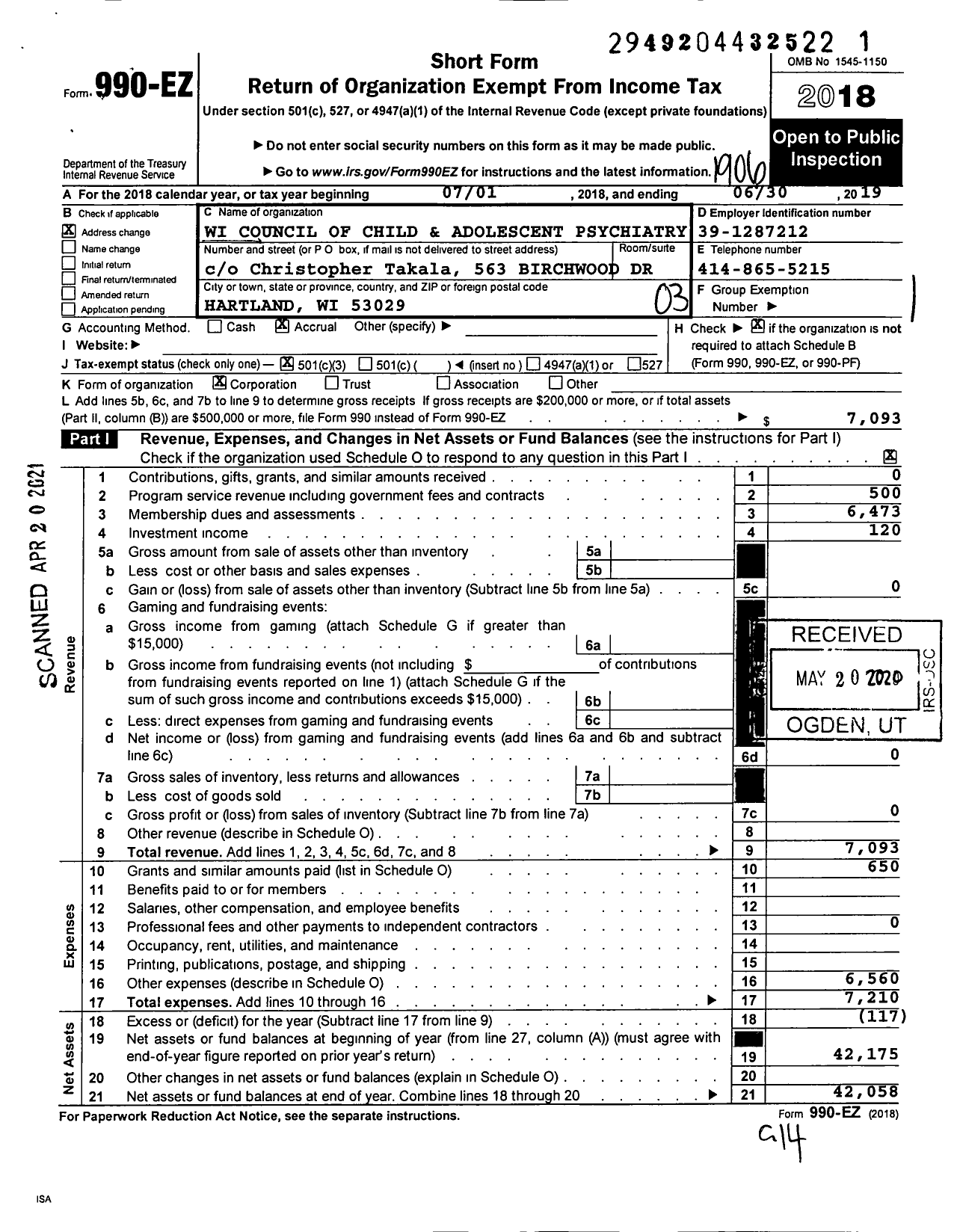 Image of first page of 2018 Form 990EZ for Wisconsin Council of Child and Adolescent Psychiatry