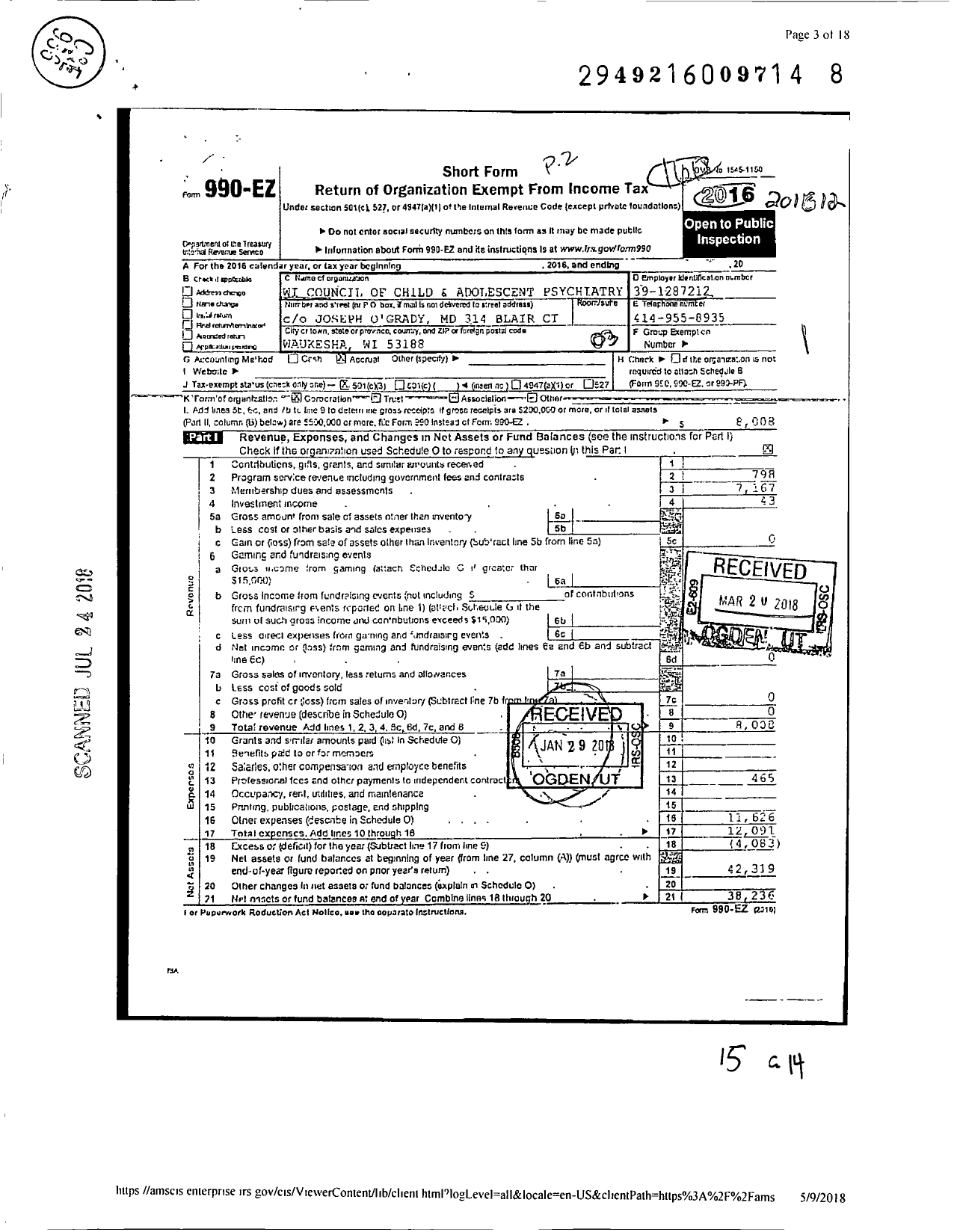 Image of first page of 2016 Form 990EZ for Wisconsin Council of Child and Adolescent Psychiatry