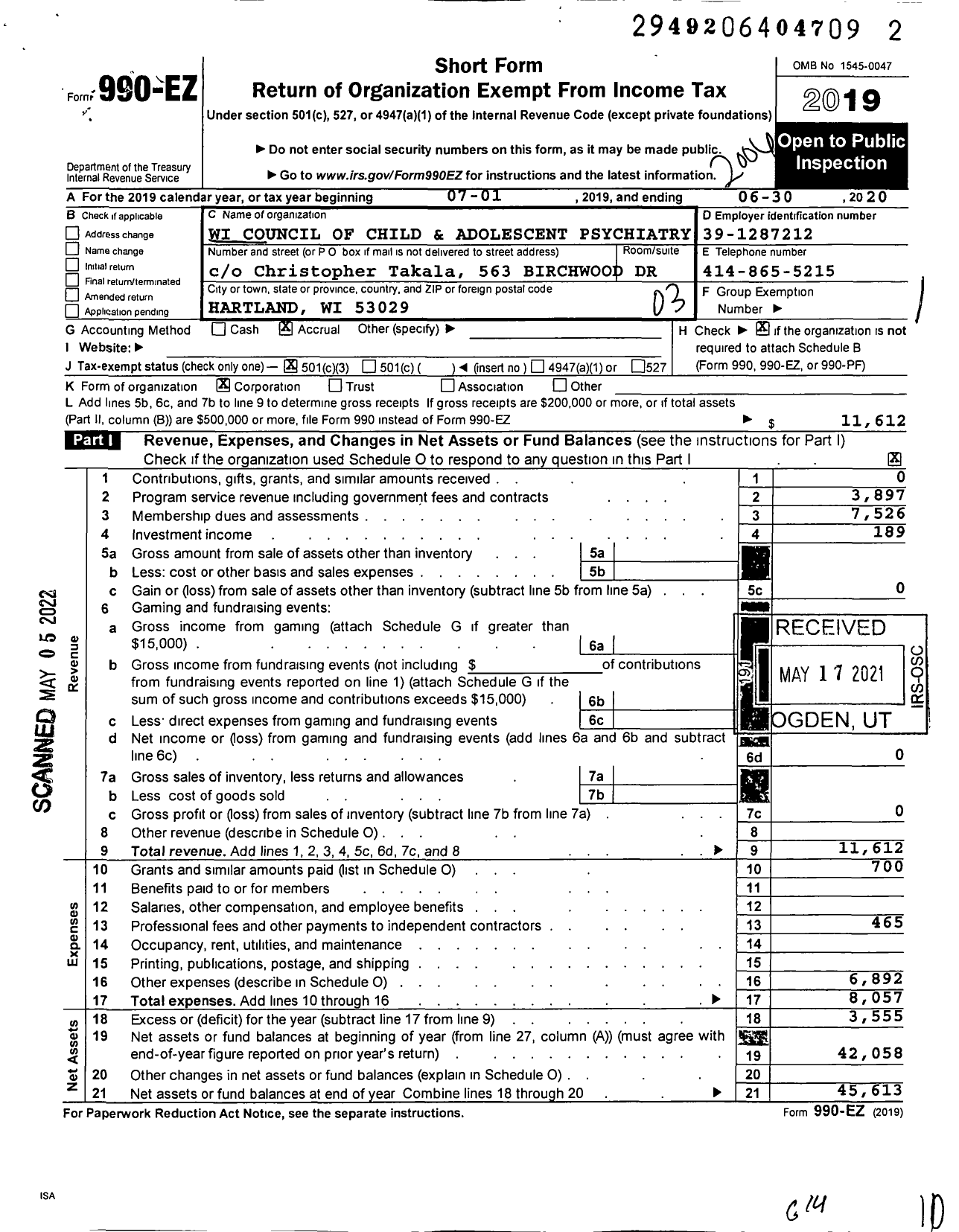 Image of first page of 2019 Form 990EZ for Wisconsin Council of Child and Adolescent Psychiatry