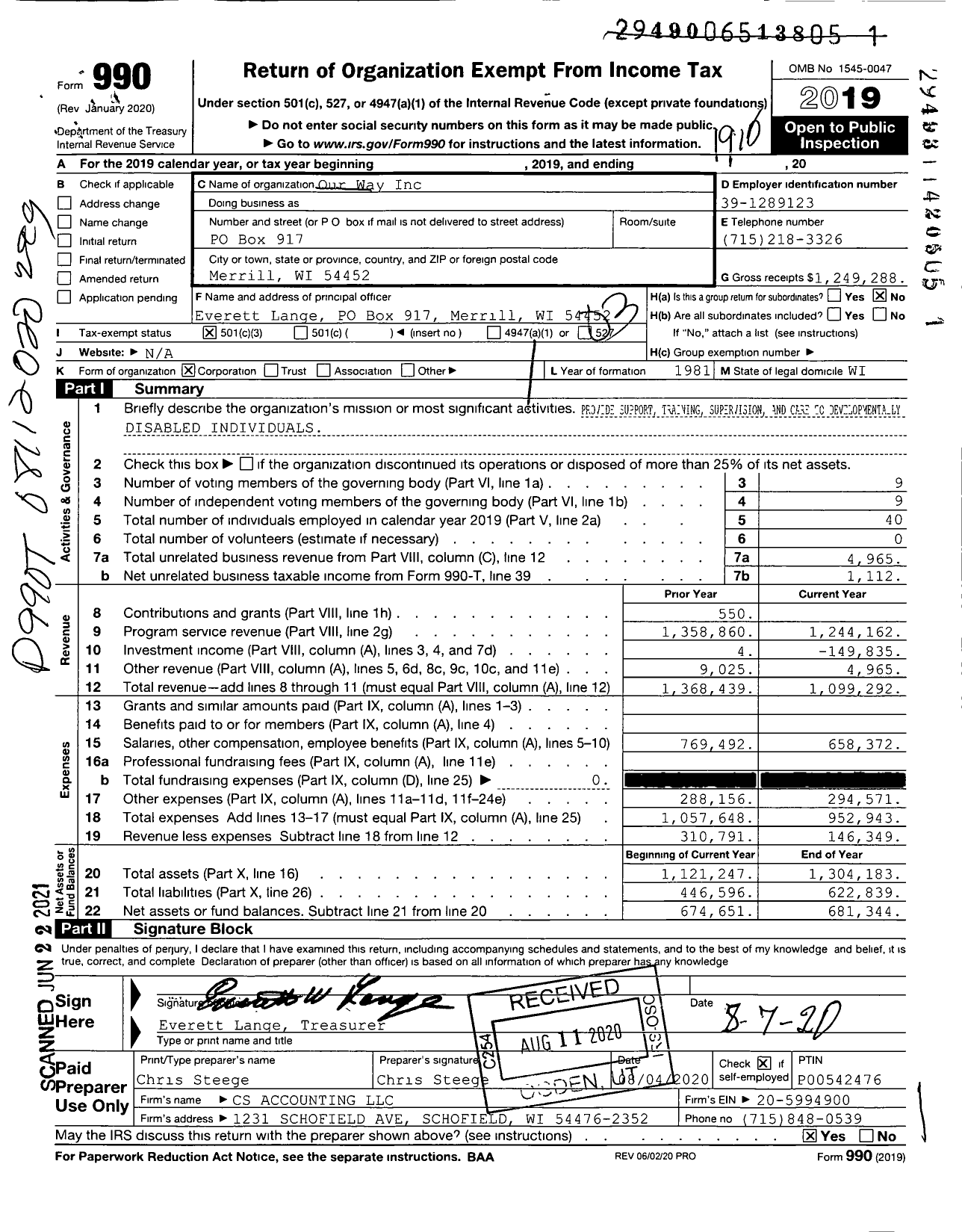 Image of first page of 2018 Form 990 for Our Way