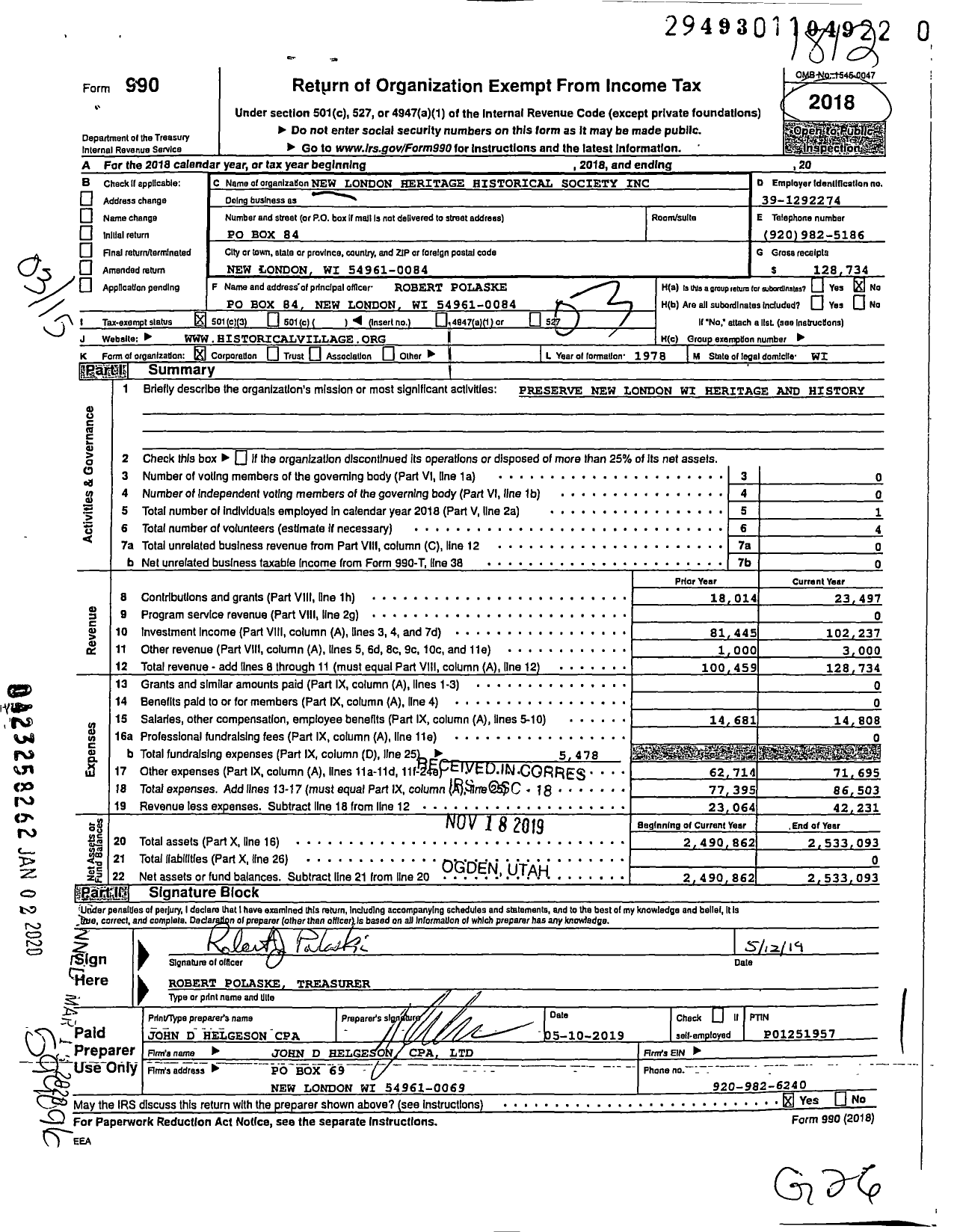 Image of first page of 2018 Form 990 for New London Heritage Historical Society