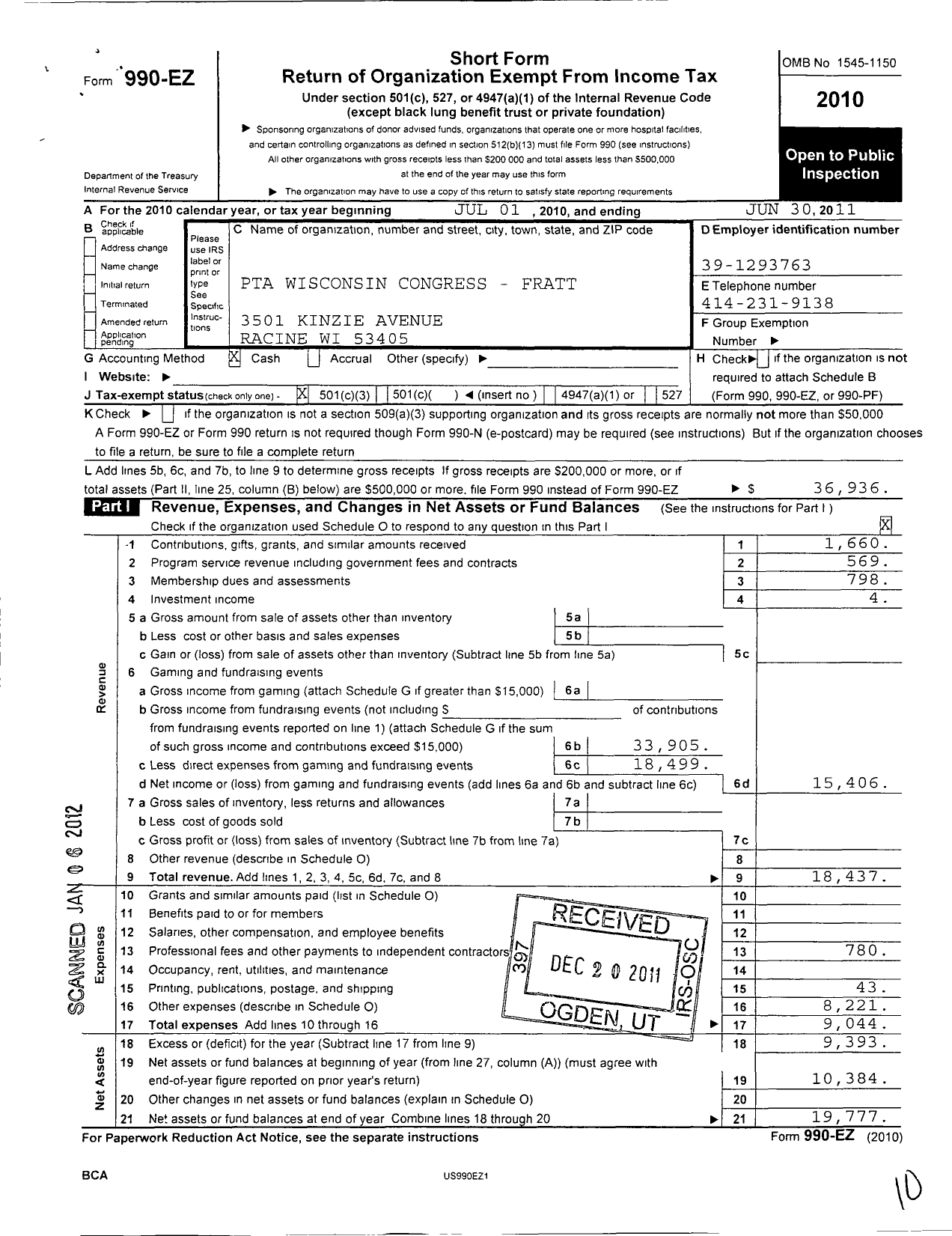 Image of first page of 2010 Form 990EZ for PTA Wisconsin Congress / Fratt
