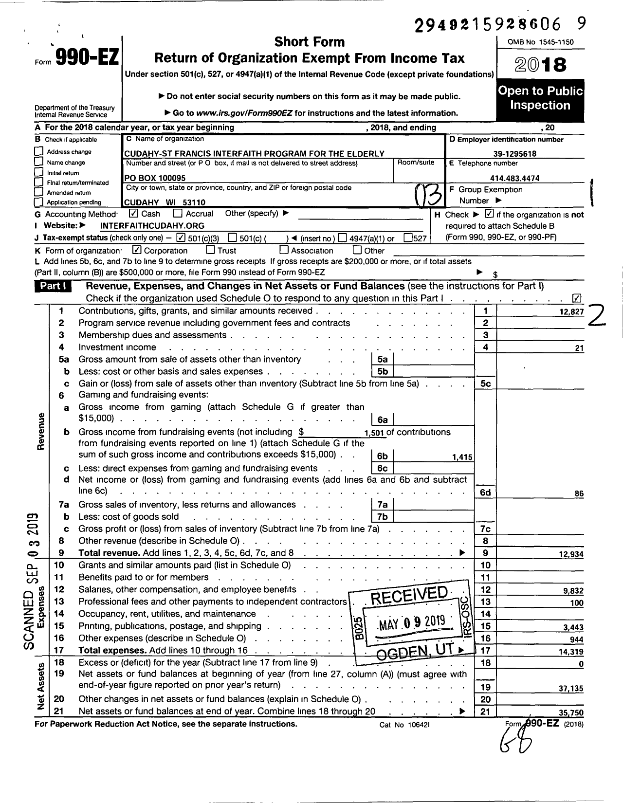 Image of first page of 2018 Form 990EZ for Cudahy-St Francis Interfaith Program for the Elderly