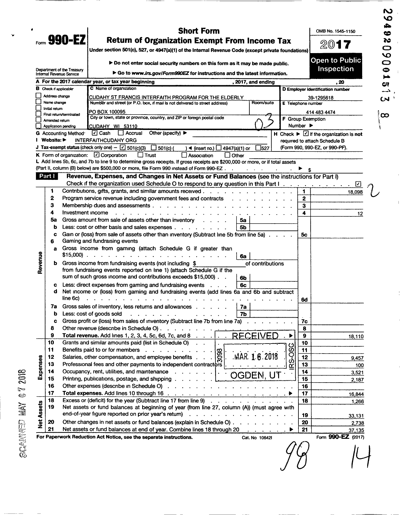 Image of first page of 2017 Form 990EZ for Cudahy-St Francis Interfaith Program for the Elderly