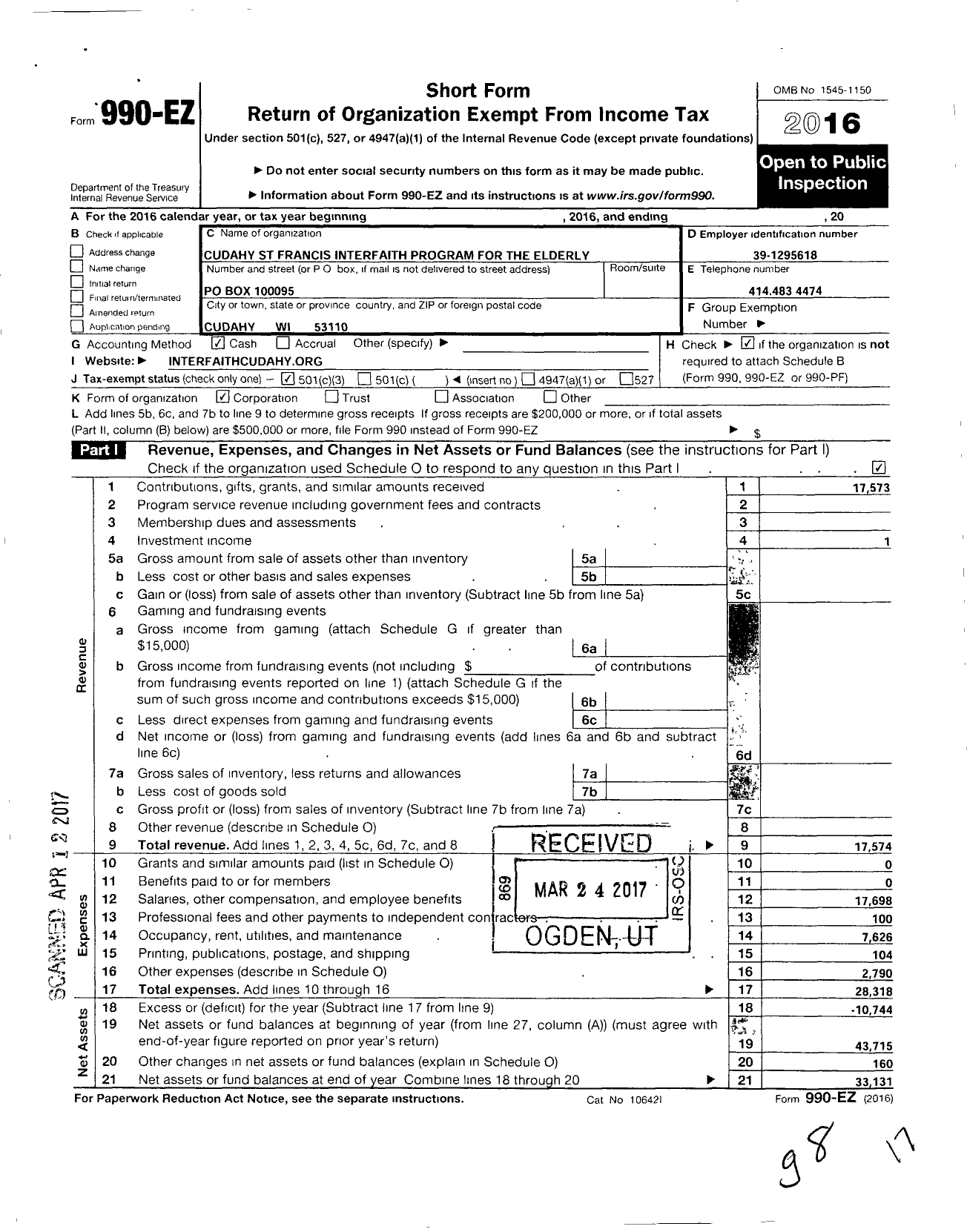 Image of first page of 2016 Form 990EZ for Cudahy-St Francis Interfaith Program for the Elderly