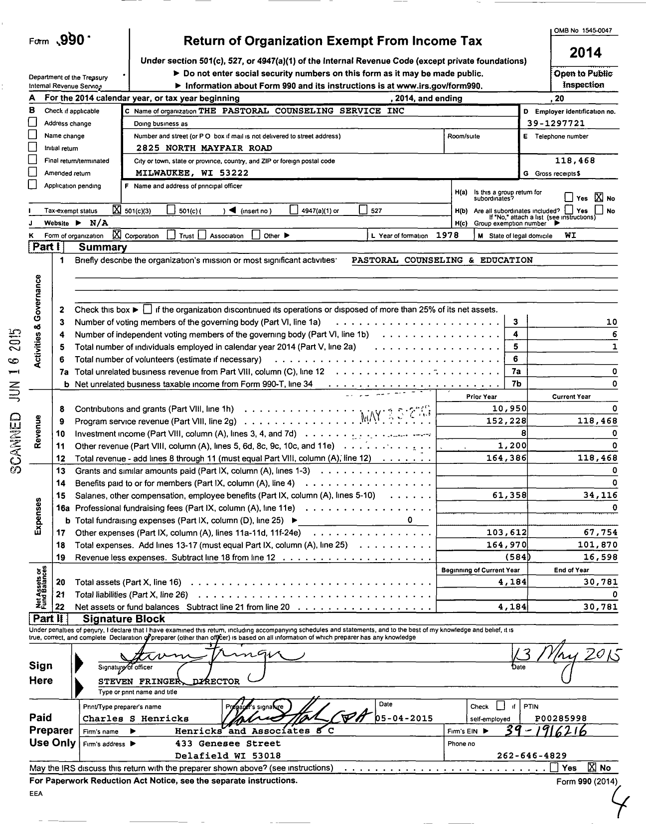 Image of first page of 2014 Form 990 for The Pastoral Counseling Service