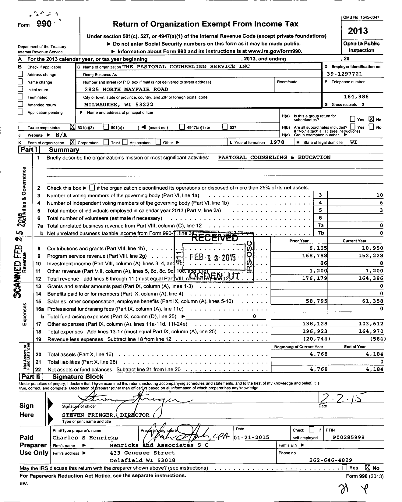 Image of first page of 2013 Form 990 for The Pastoral Counseling Service