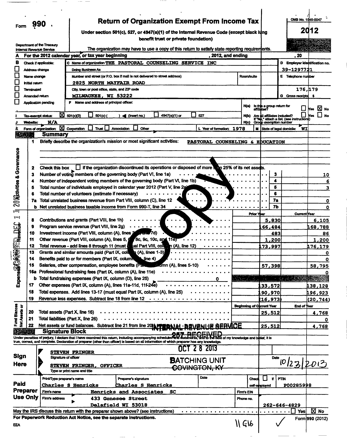 Image of first page of 2012 Form 990 for The Pastoral Counseling Service