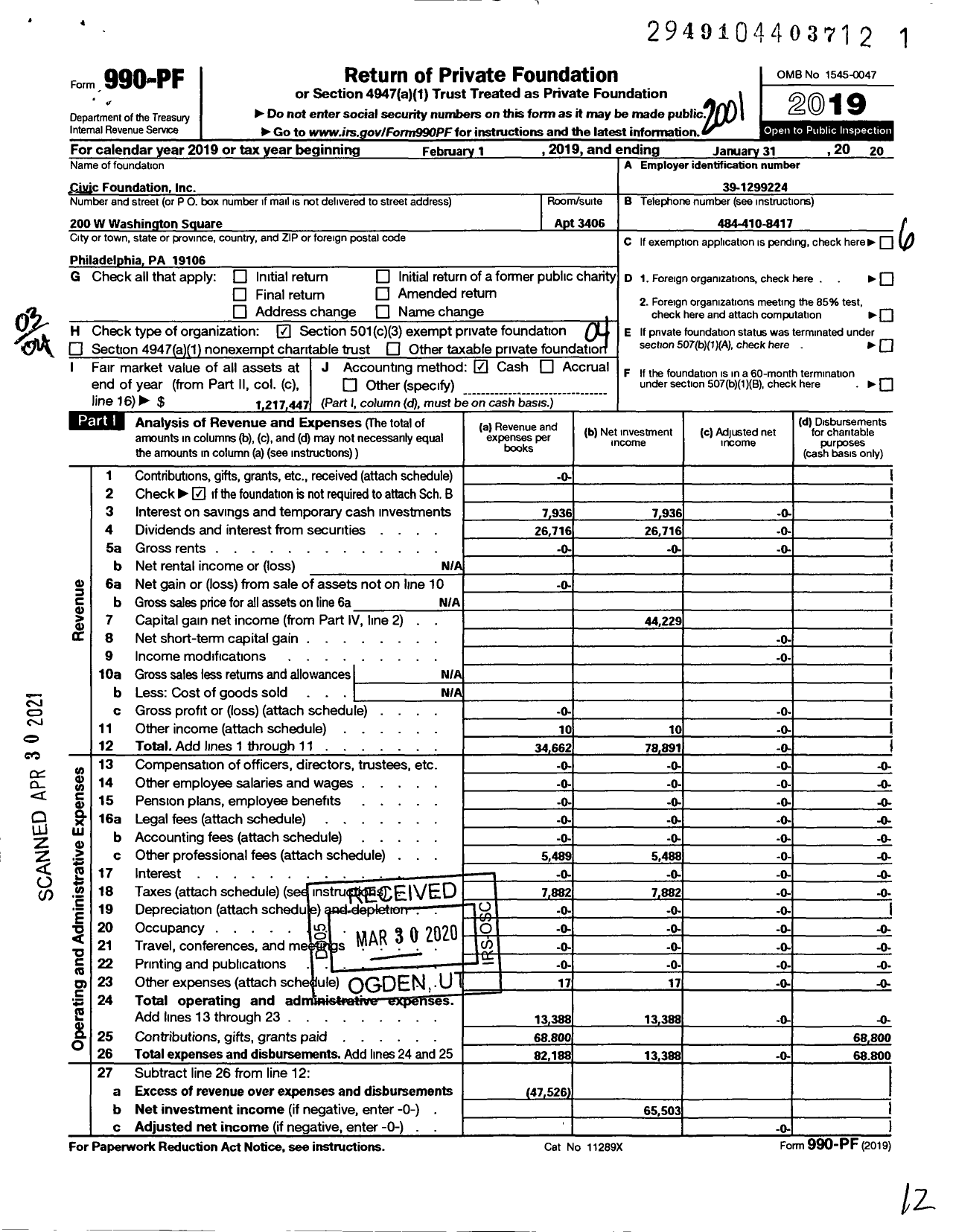 Image of first page of 2019 Form 990PF for Civic Foundation