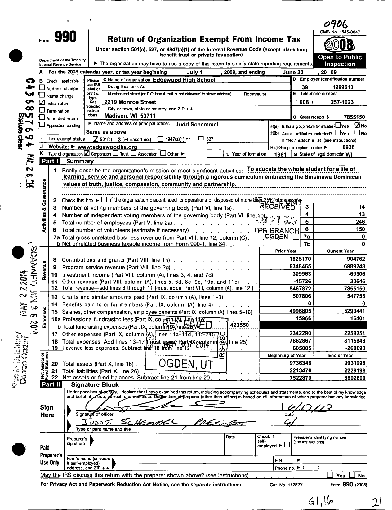Image of first page of 2008 Form 990 for Edgewood High School