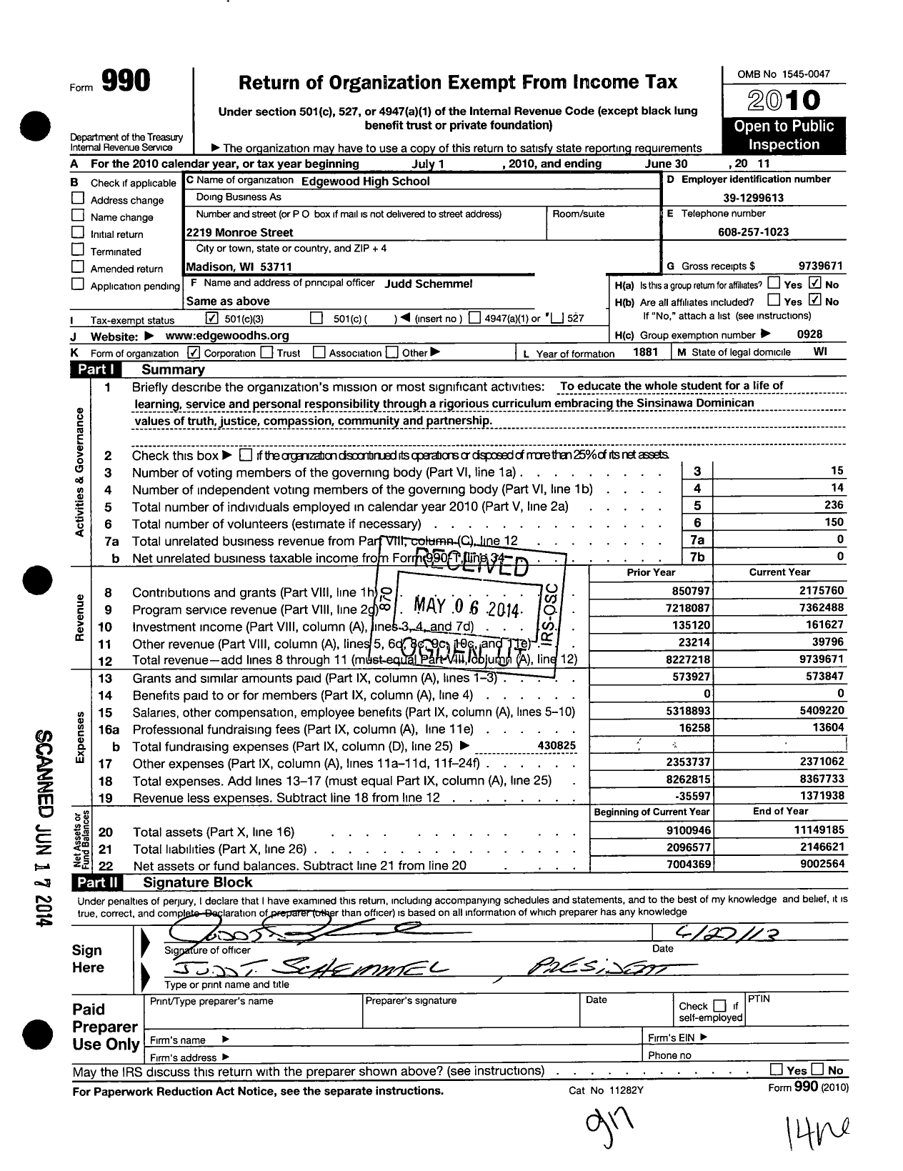 Image of first page of 2010 Form 990 for Edgewood High School
