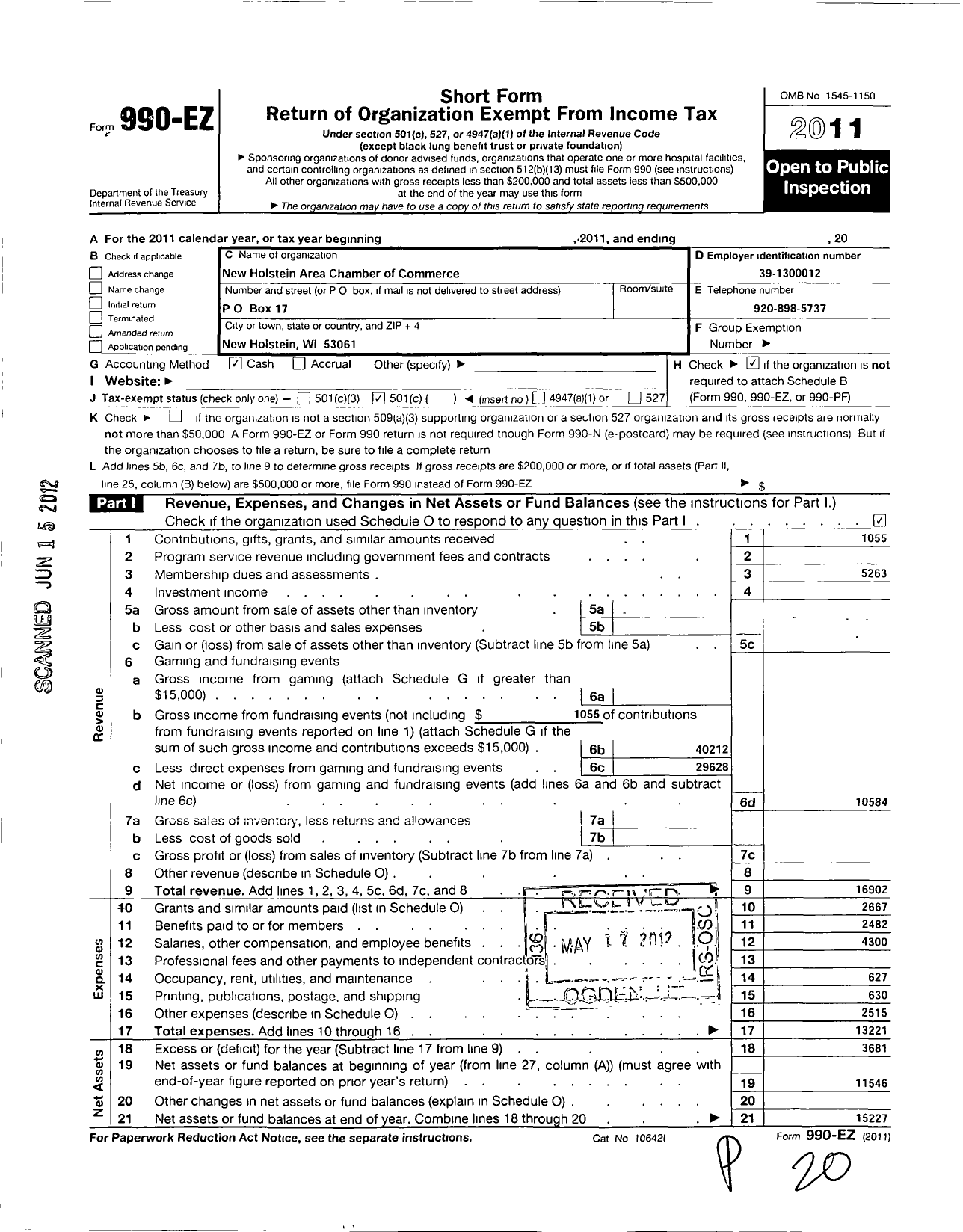 Image of first page of 2011 Form 990EO for New Holstein Area Chamber of Commerce