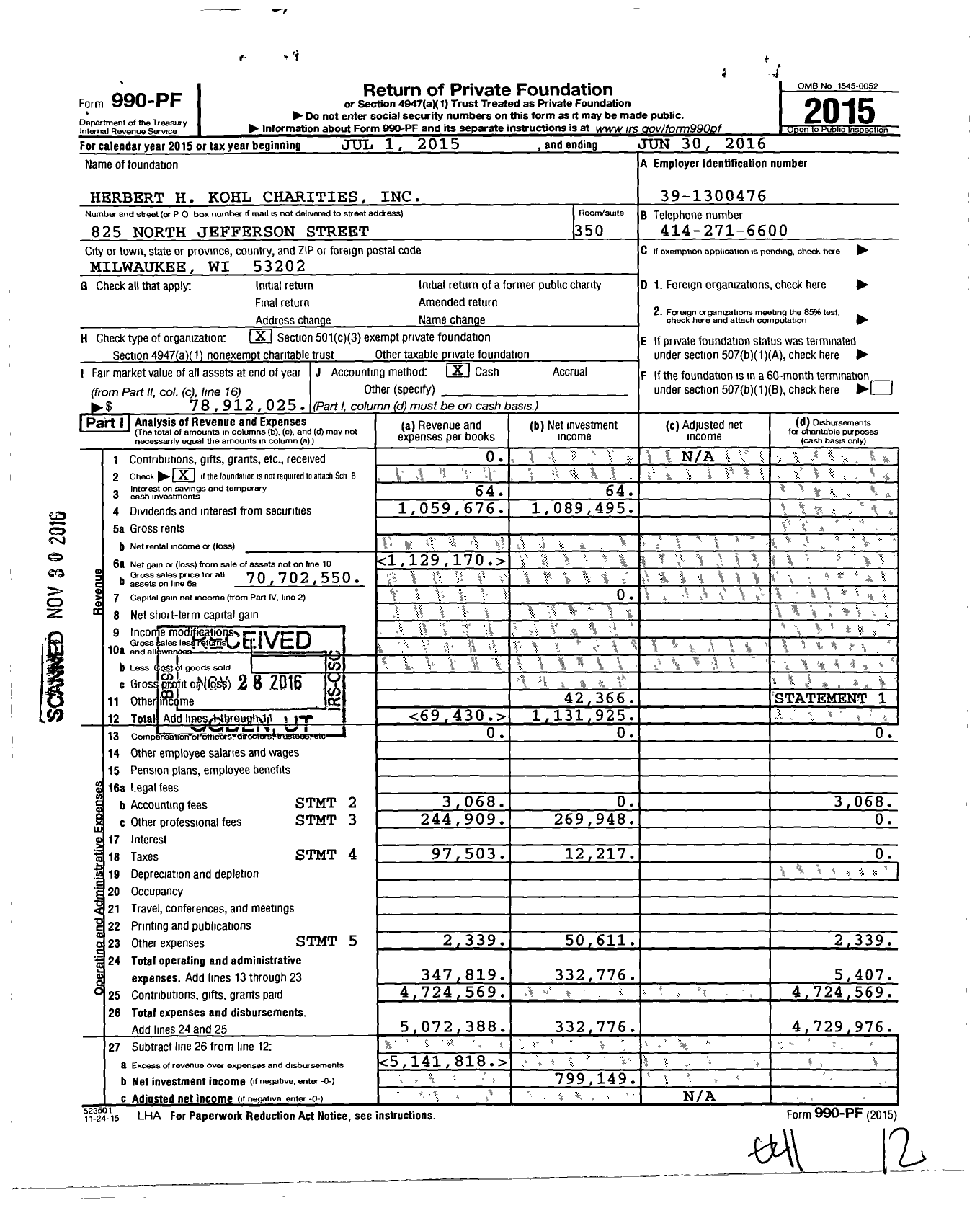 Image of first page of 2015 Form 990PF for Herbert H Kohl Charities
