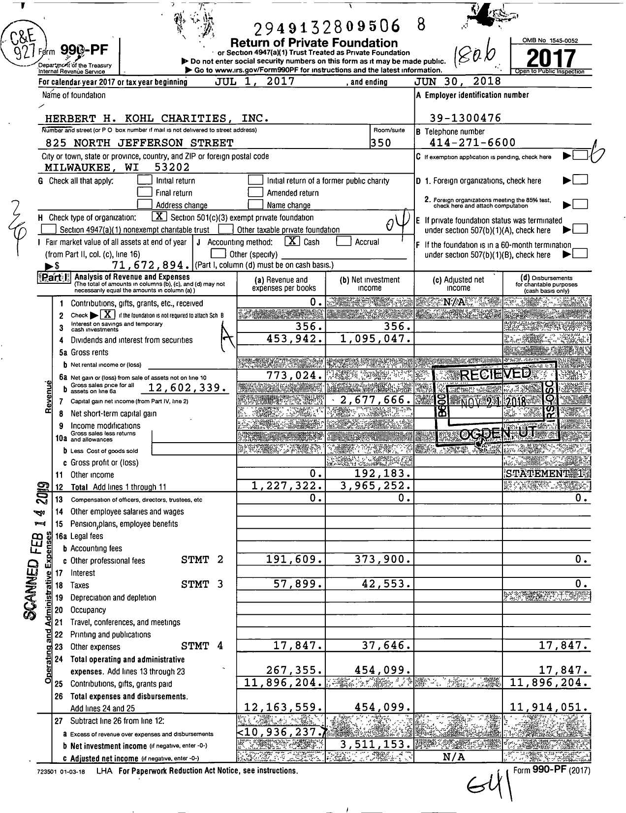 Image of first page of 2017 Form 990PF for Herbert H Kohl Charities