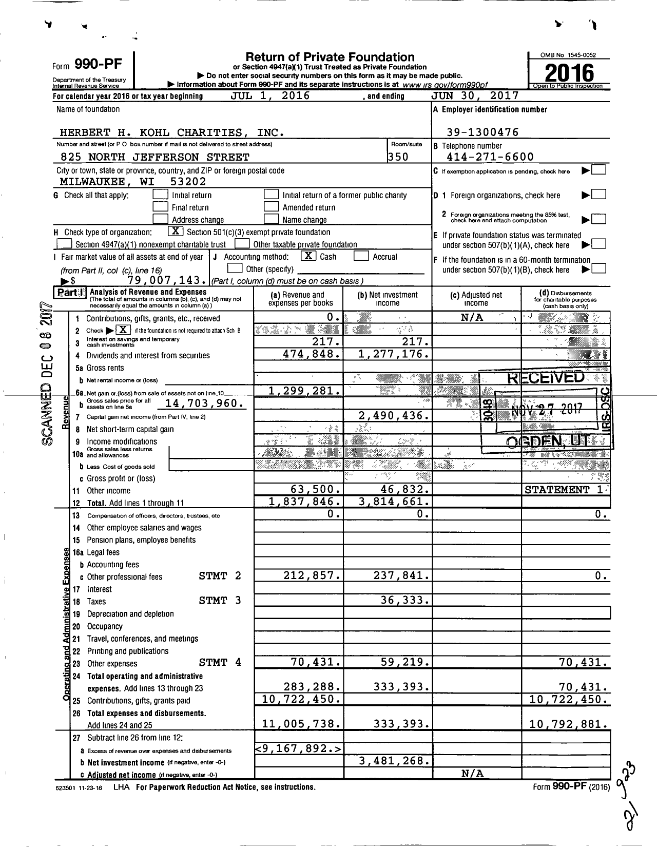Image of first page of 2016 Form 990PF for Herbert H Kohl Charities