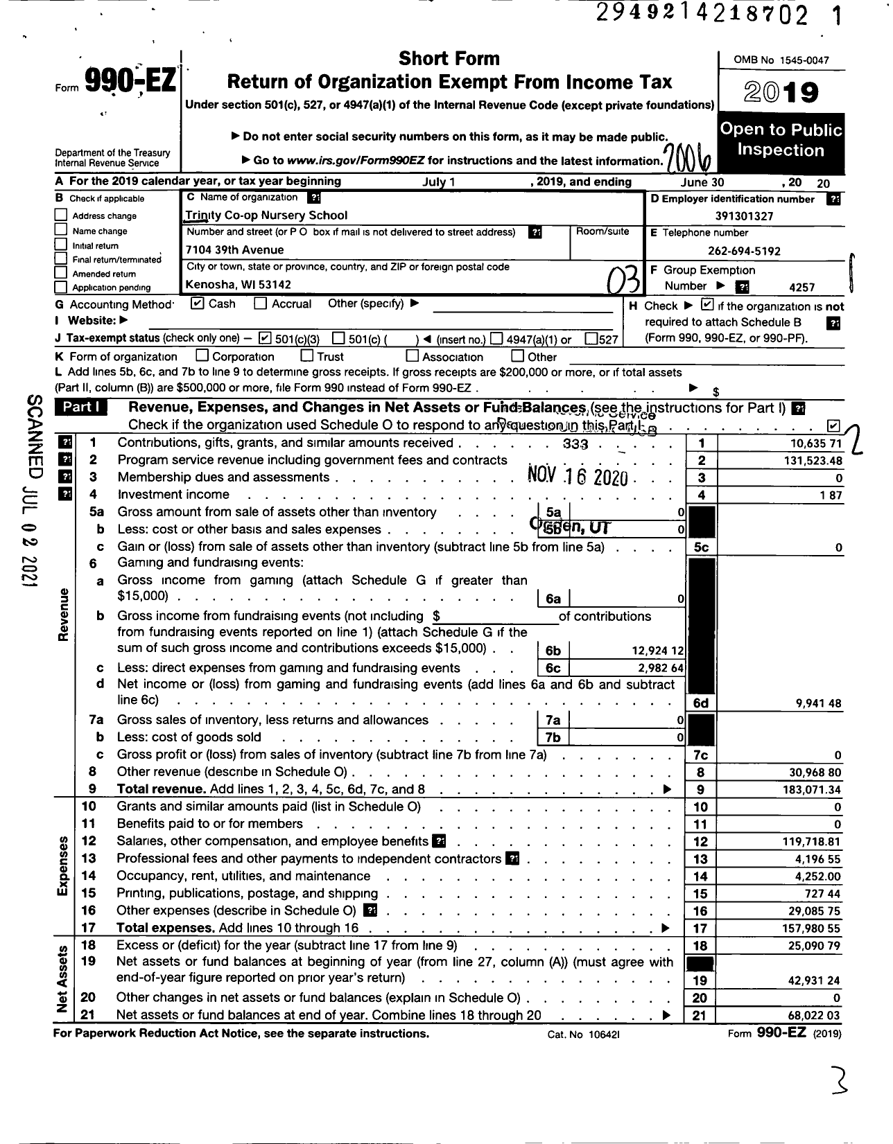 Image of first page of 2019 Form 990EZ for Trinity Co-Op Nursery School