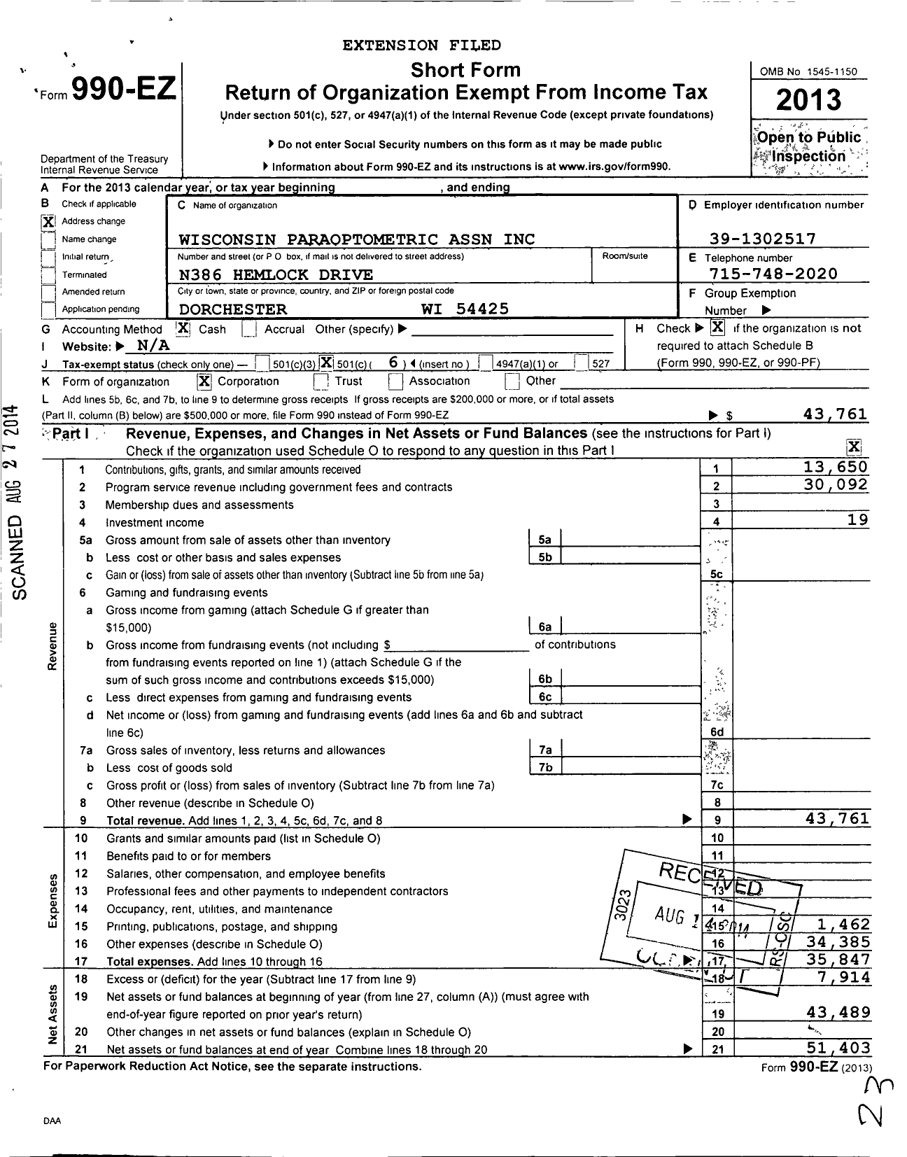 Image of first page of 2013 Form 990EO for Wisconsin Paraoptometric Association