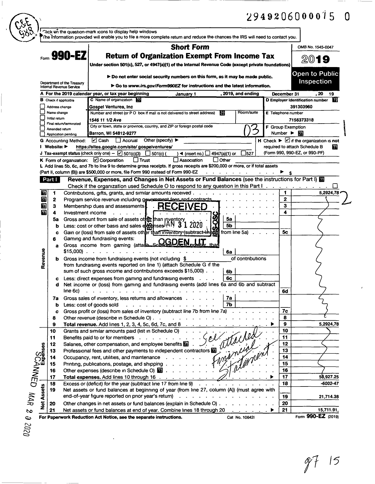 Image of first page of 2019 Form 990EZ for Gospel Ventures