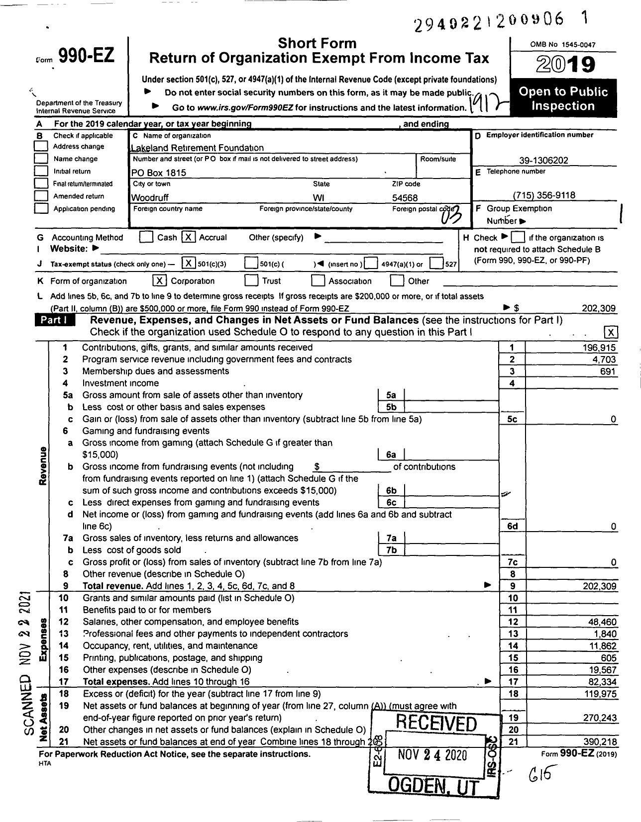 Image of first page of 2019 Form 990EZ for Lakeland Retirement Foundation