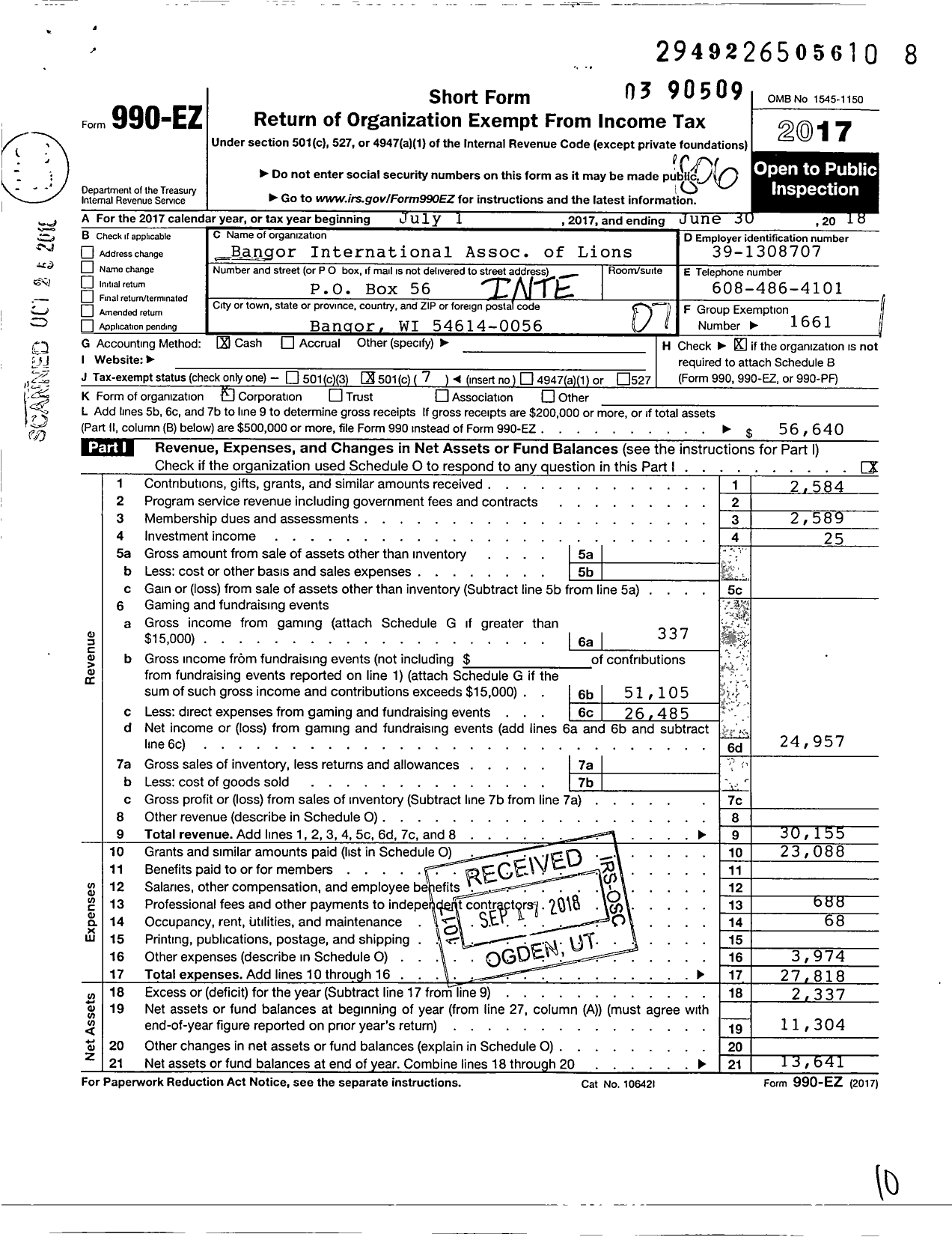 Image of first page of 2017 Form 990EO for Lions Clubs - 34829 Bangor