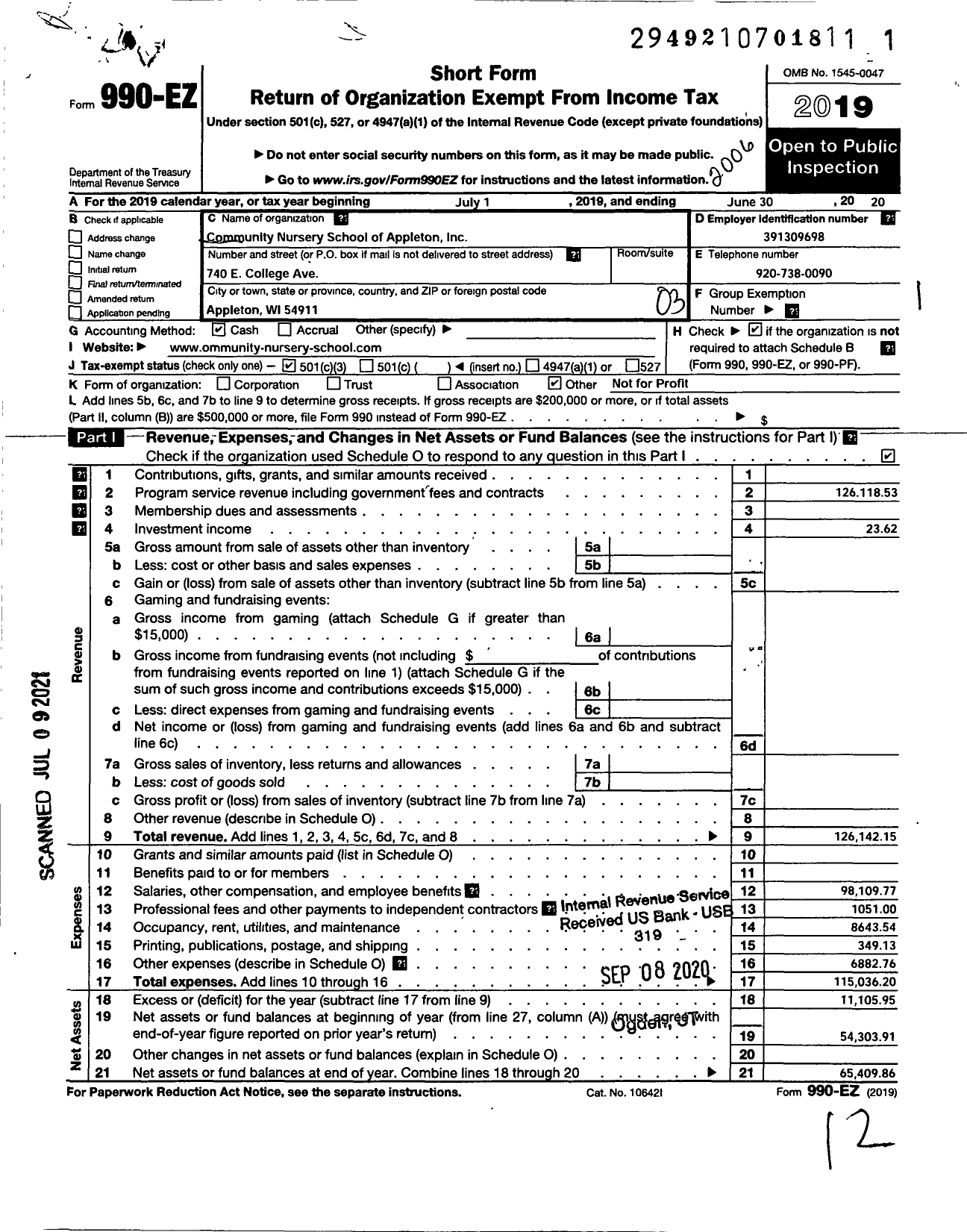 Image of first page of 2019 Form 990EZ for Community Nursery School of Appleton
