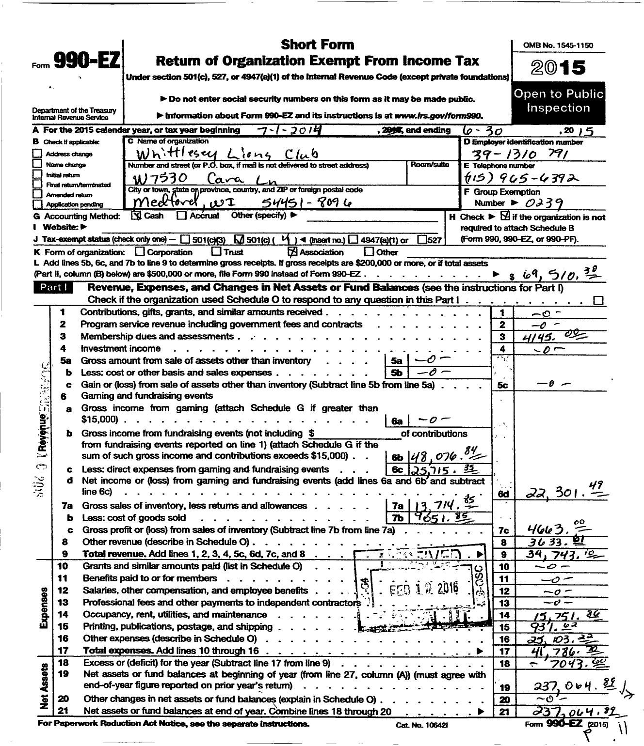Image of first page of 2014 Form 990EO for Lions Clubs - Whittlesey Lions
