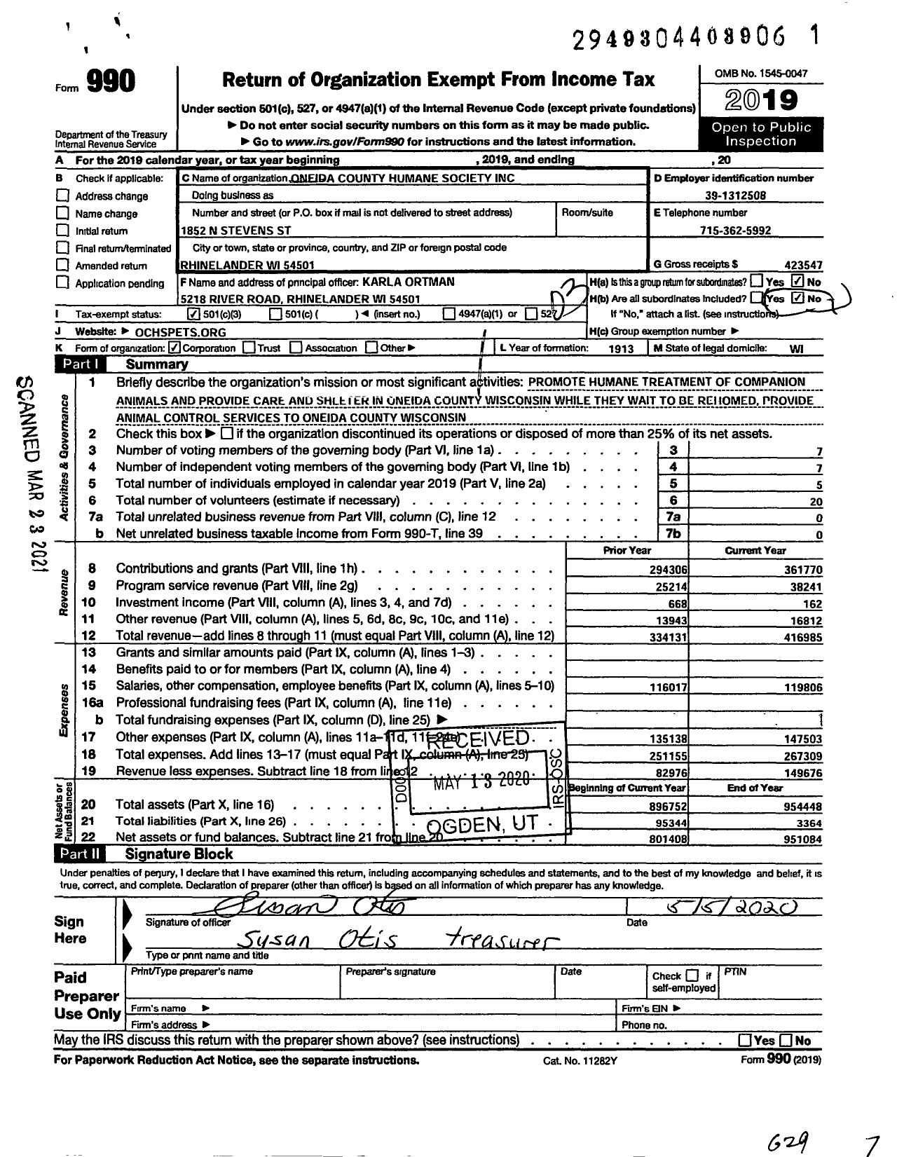 Image of first page of 2019 Form 990 for Oneida County Humane Society