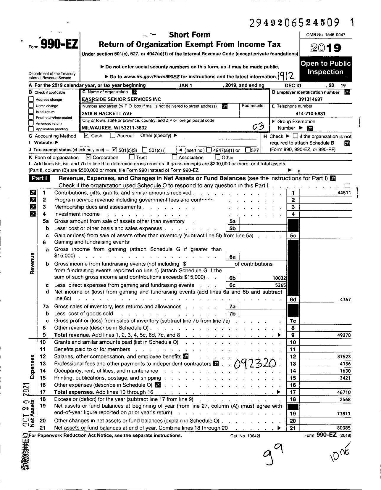 Image of first page of 2019 Form 990EZ for Eastside Senior Services