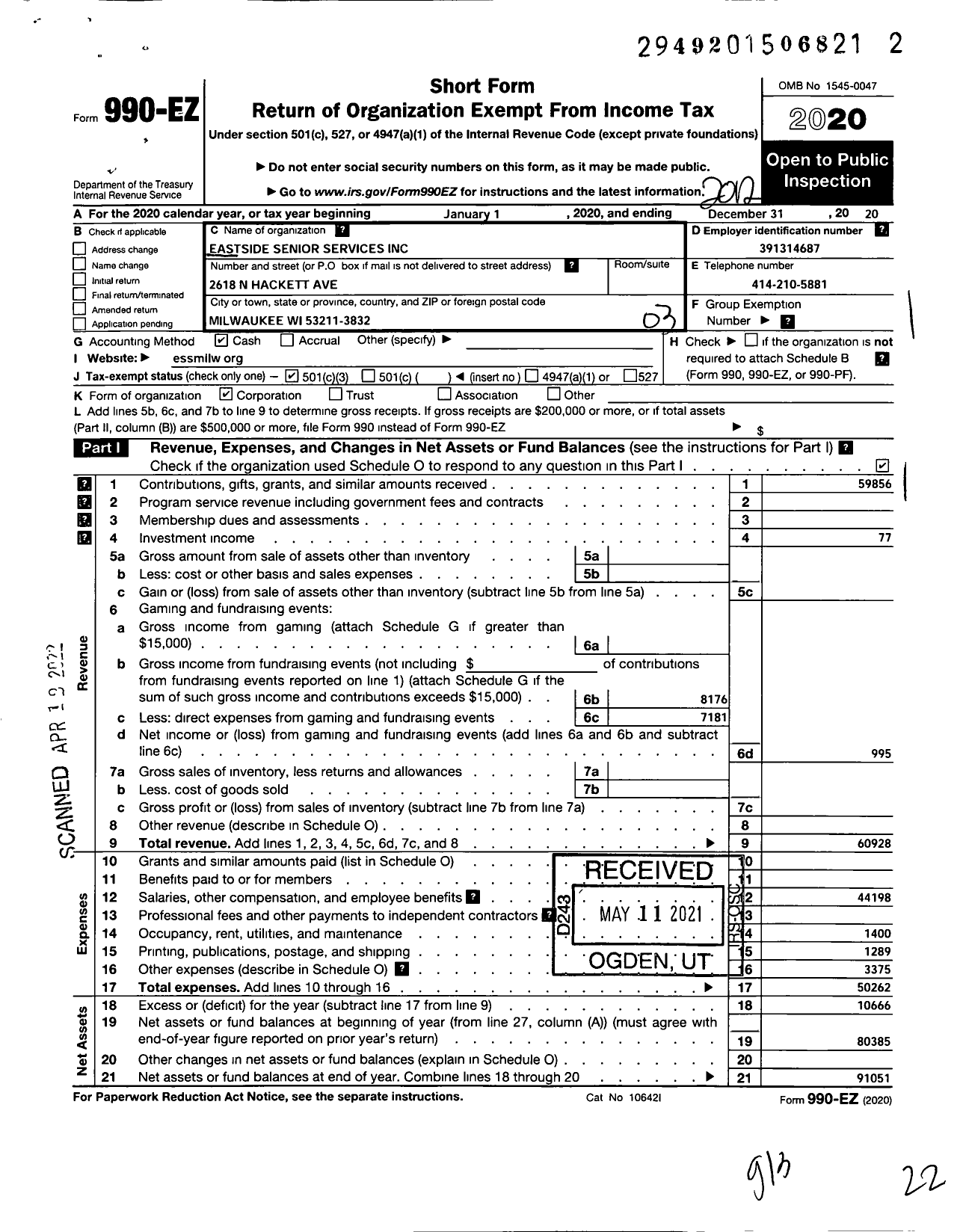 Image of first page of 2020 Form 990EZ for Eastside Senior Services