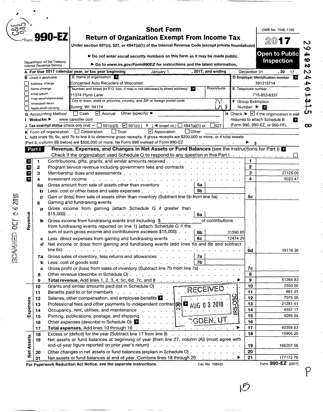 Image of first page of 2017 Form 990EO for Concerned Auto Recyclers of Wisconsin