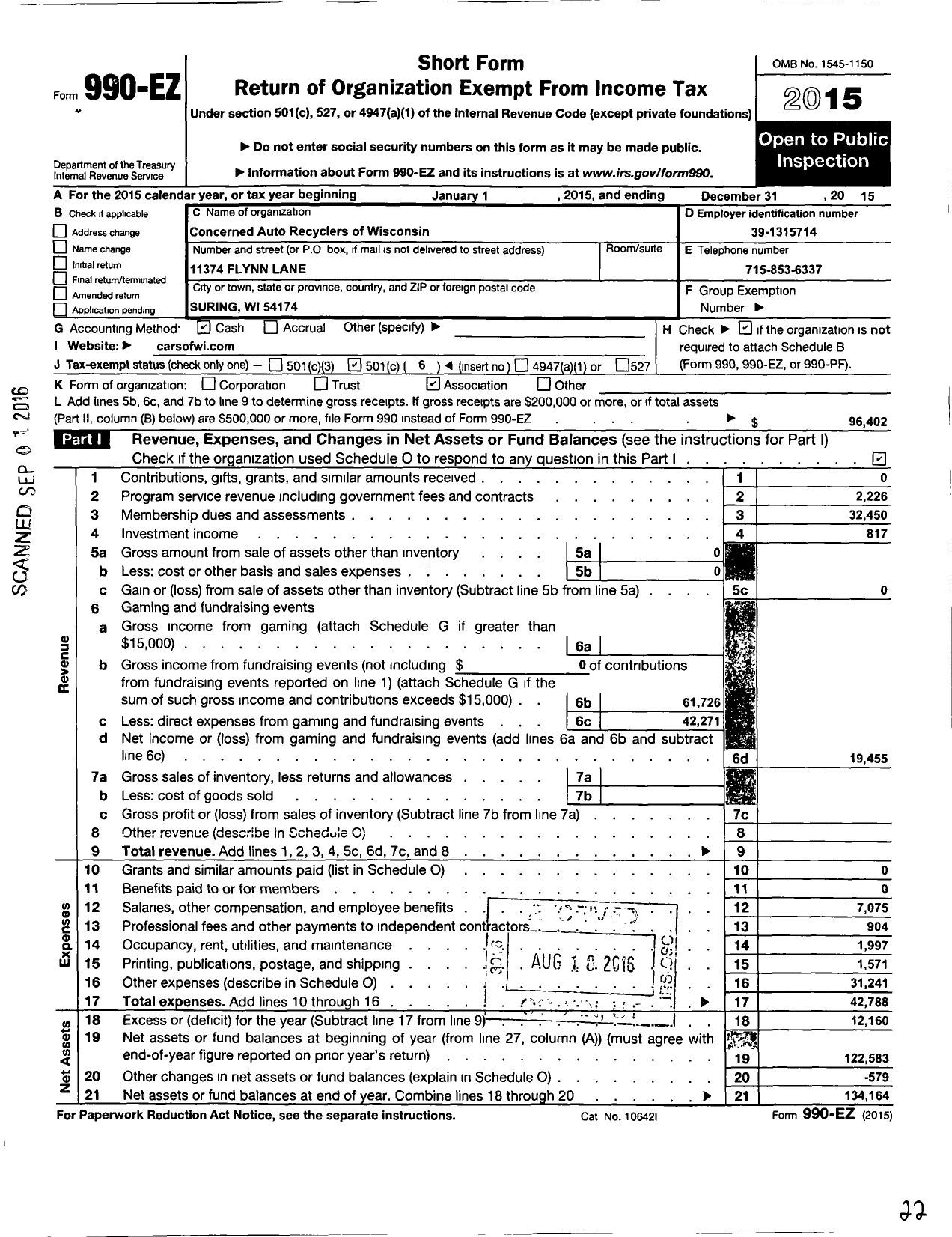 Image of first page of 2015 Form 990EO for Concerned Auto Recyclers of Wisconsin