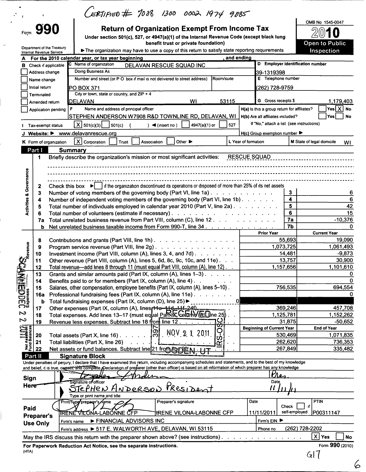 Image of first page of 2010 Form 990 for Delavan Rescue Squad (DRSI)