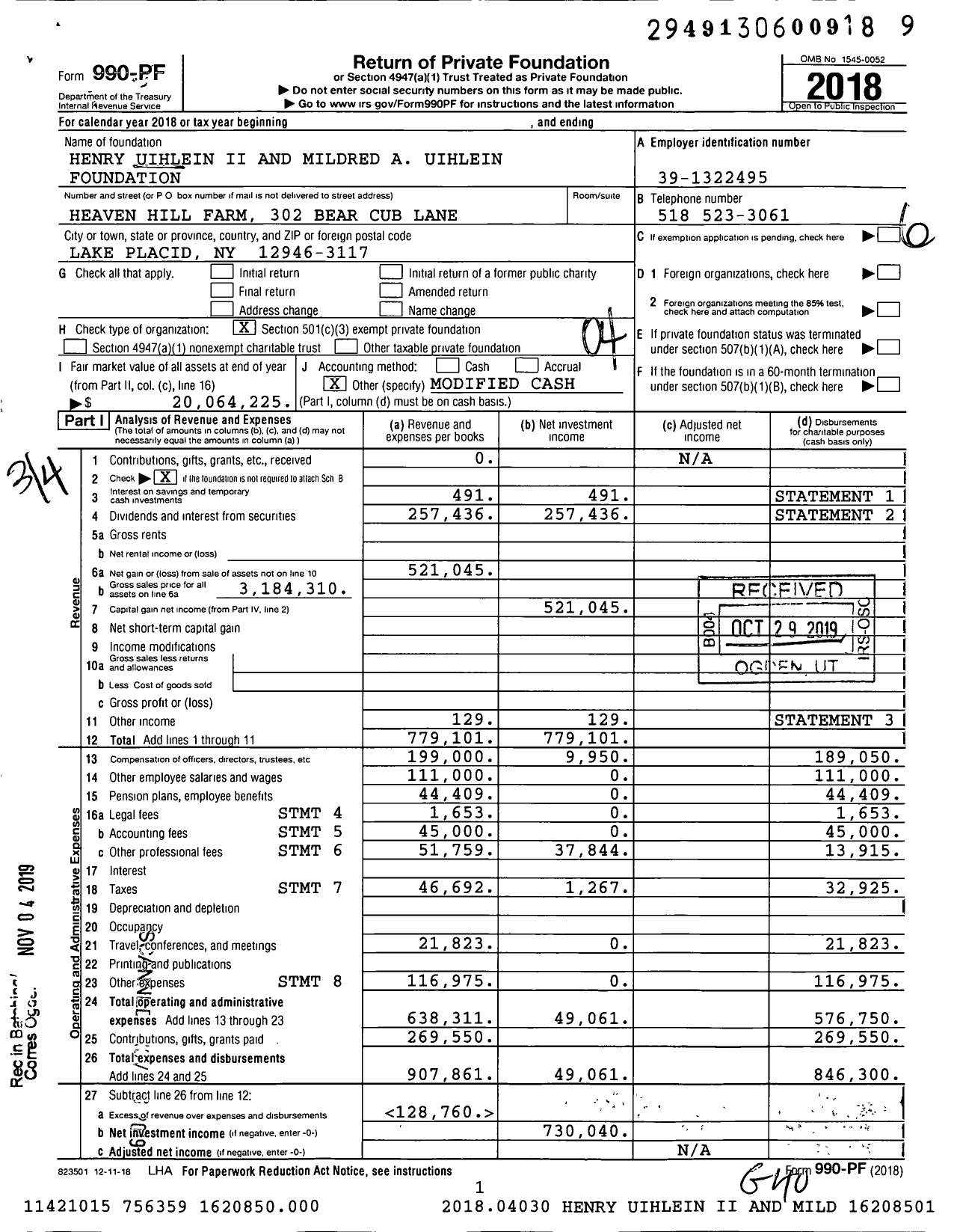 Image of first page of 2018 Form 990PF for Henry Uihlein Ii and Mildred A Uihlein Foundation