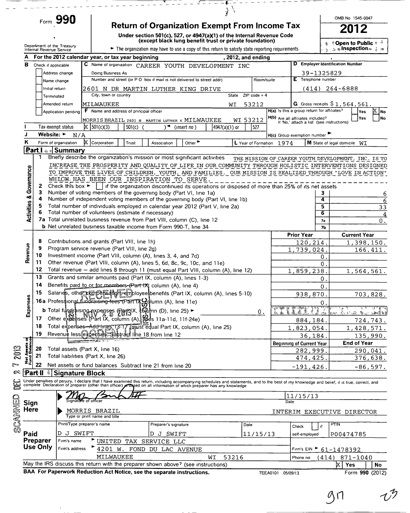 Image of first page of 2012 Form 990 for Career Youth Development