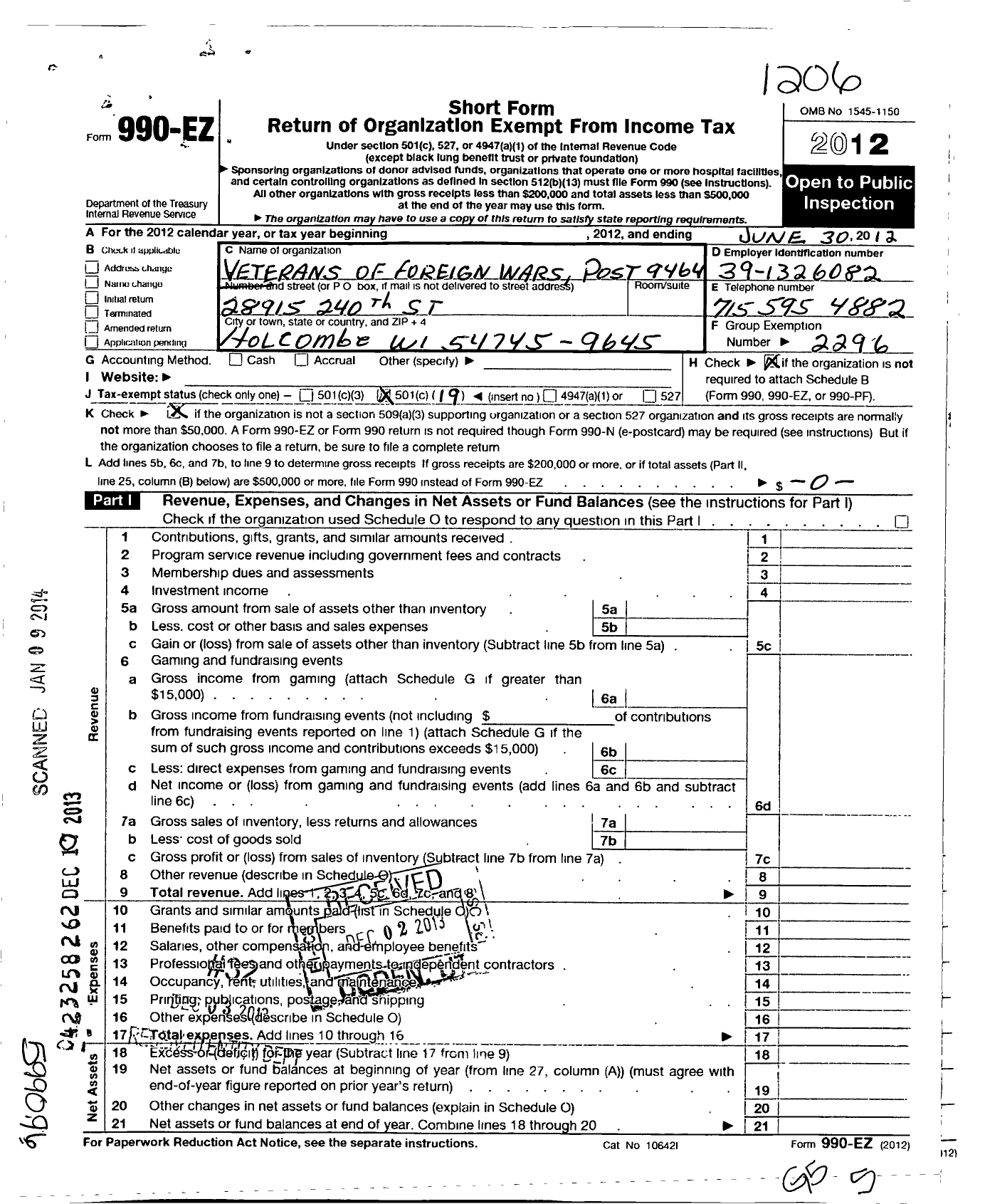 Image of first page of 2011 Form 990EO for VFW Wi - 9464 Cornell