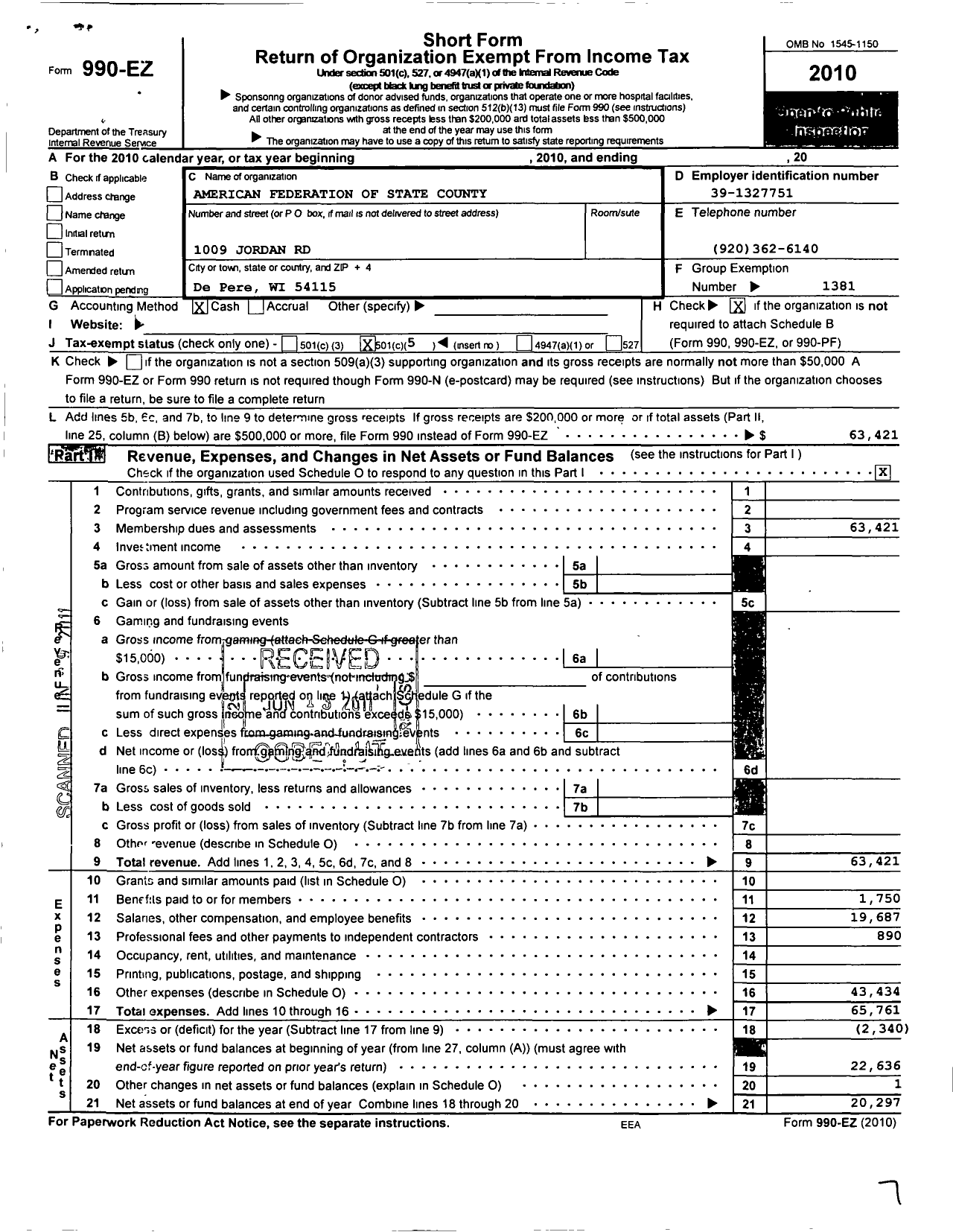 Image of first page of 2010 Form 990EO for American Federation of State County and Municipal Employees