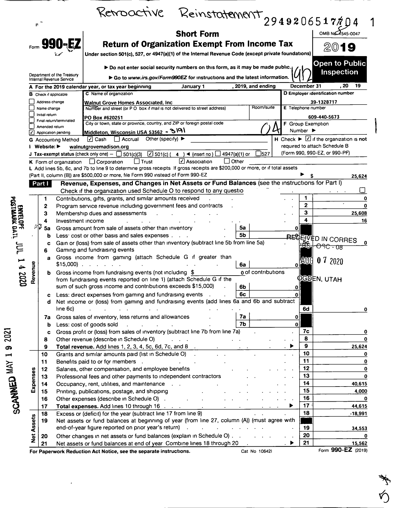 Image of first page of 2019 Form 990EO for Walnut Grove Homes Association