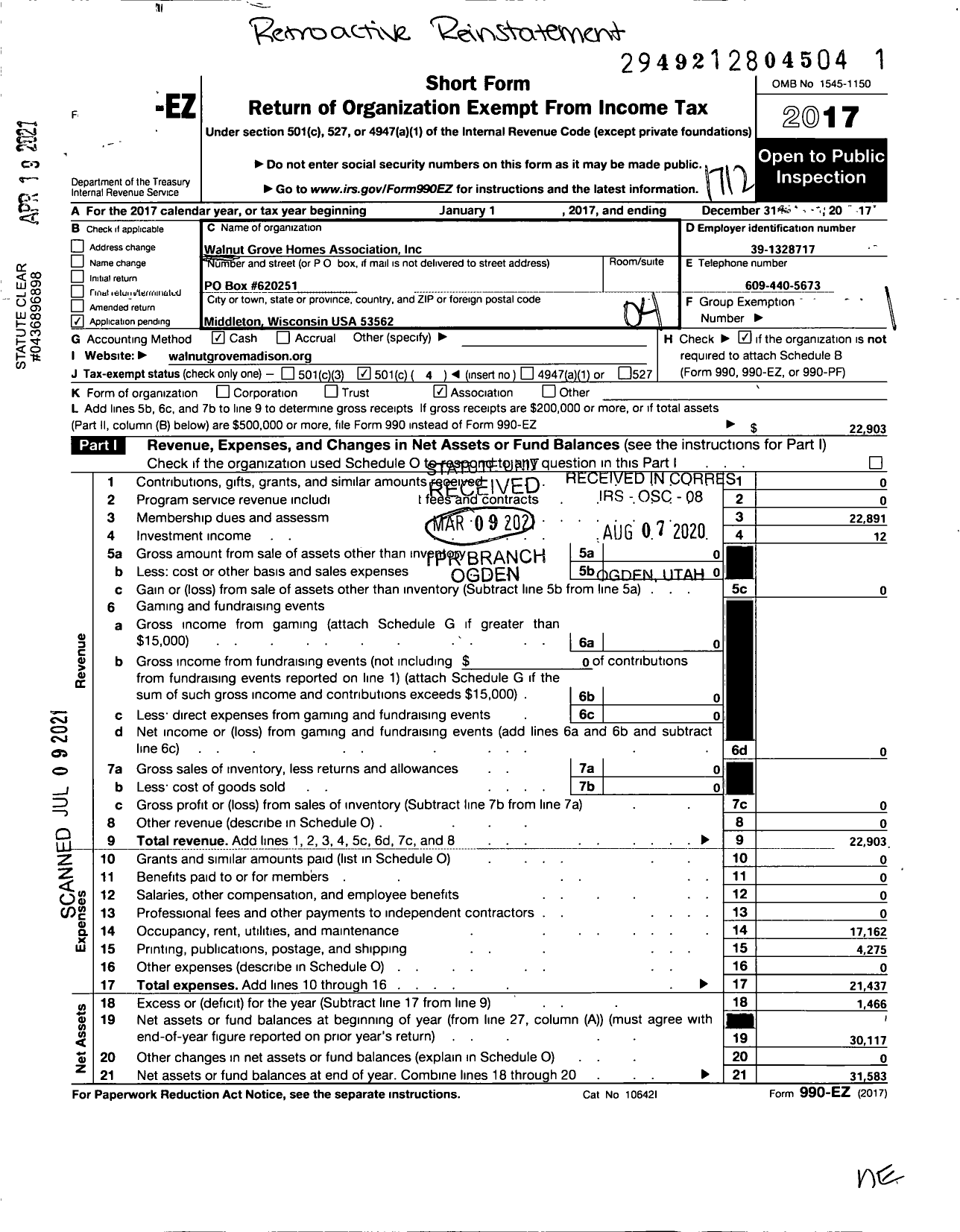 Image of first page of 2017 Form 990EO for Walnut Grove Homes Association