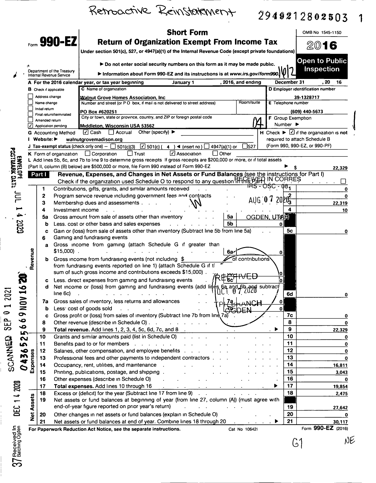 Image of first page of 2016 Form 990EO for Walnut Grove Homes Association