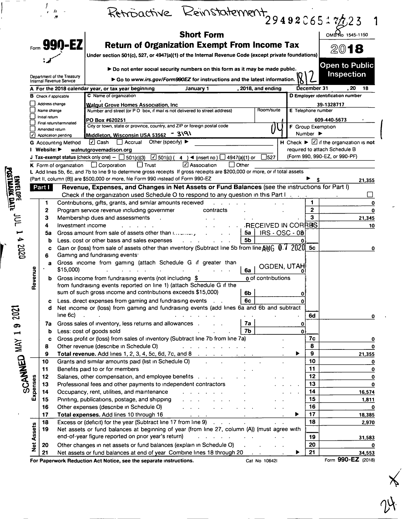 Image of first page of 2018 Form 990EO for Walnut Grove Homes Association