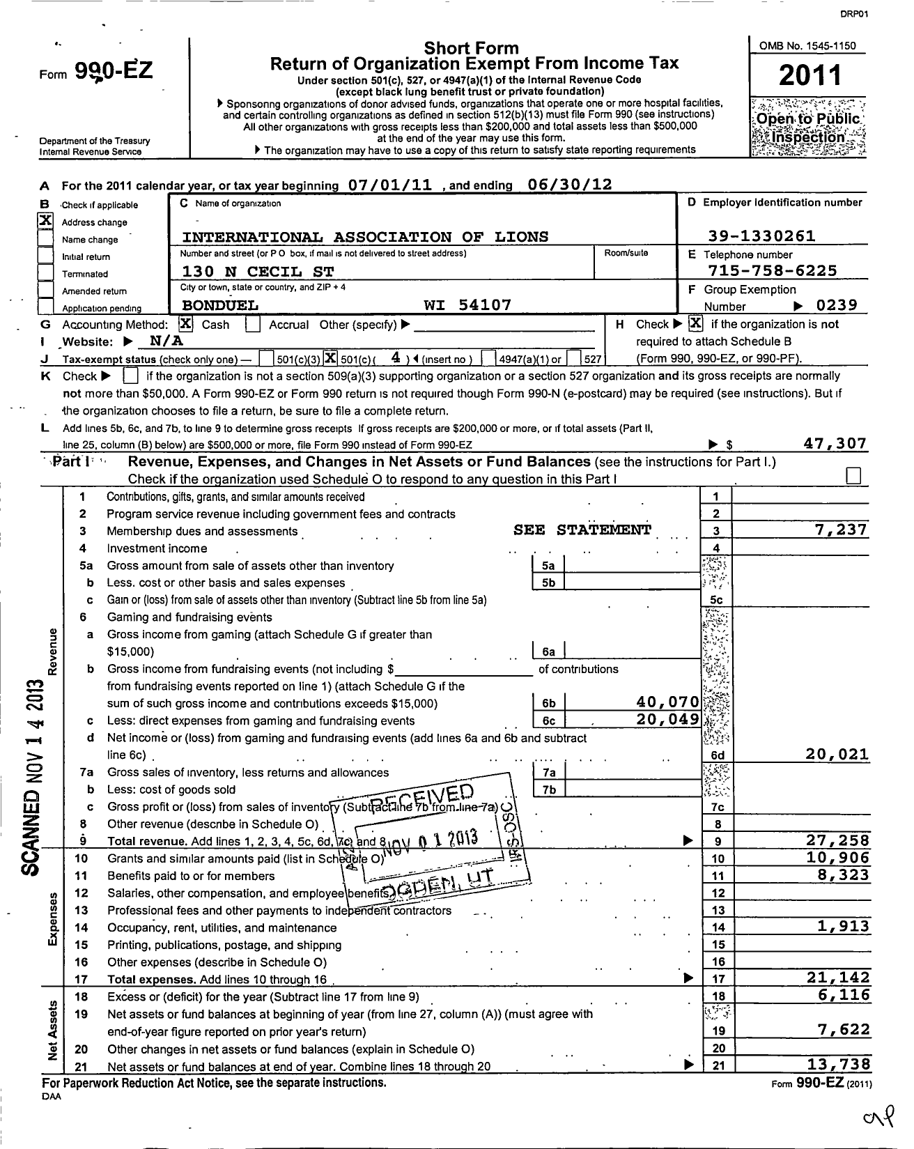 Image of first page of 2011 Form 990EO for Lions Clubs - Bonduel Lions Club