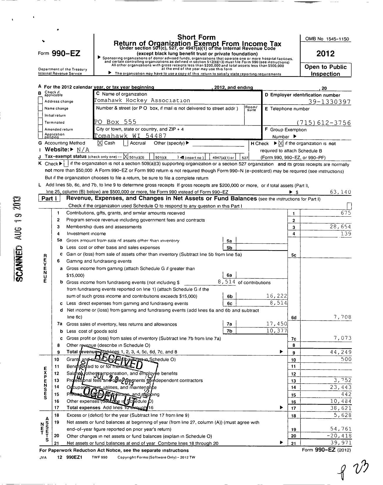 Image of first page of 2012 Form 990EZ for Tomahawk Hockey Association