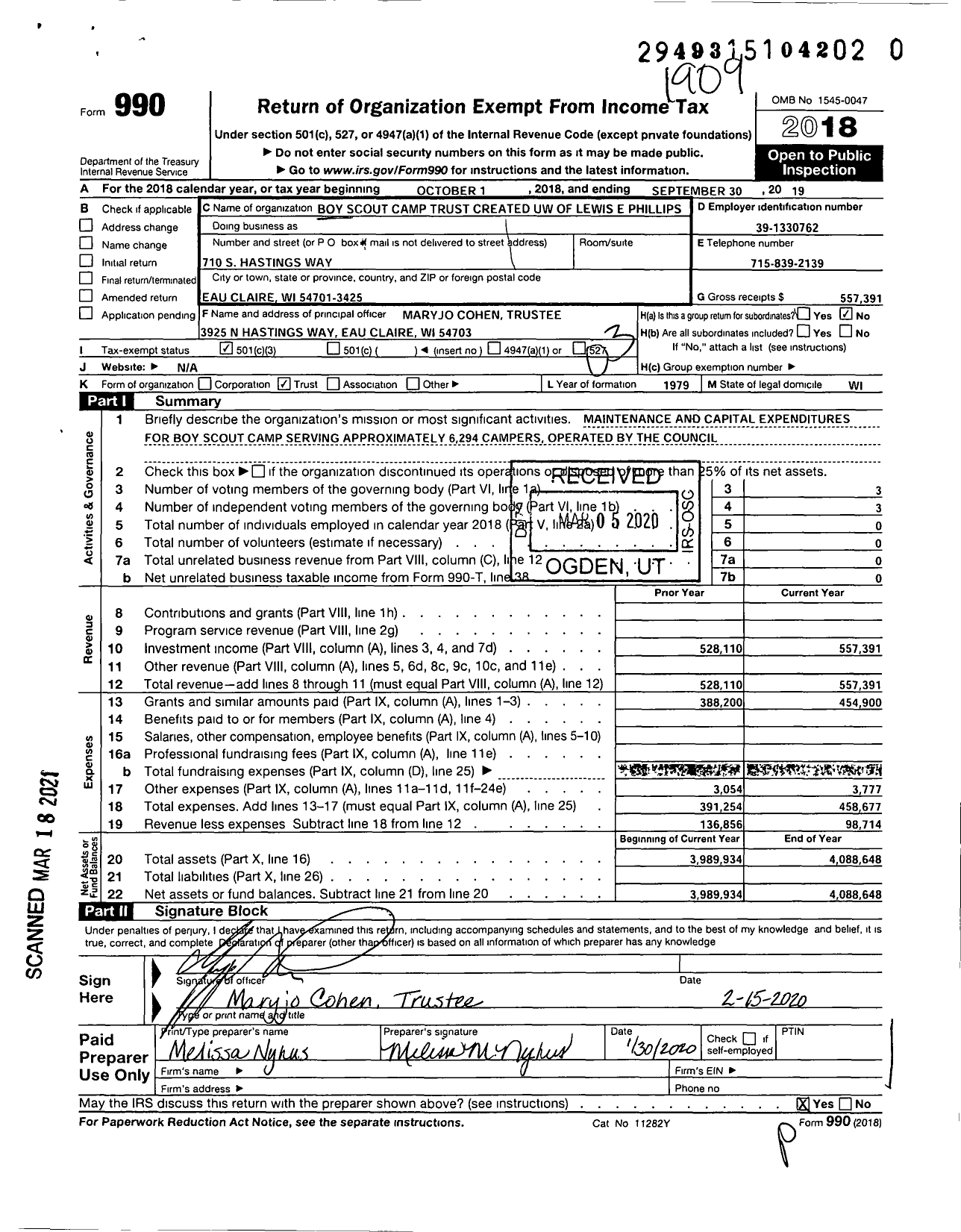 Image of first page of 2018 Form 990 for Boy Scout Camp Trust Created Under the Will of Lewis E Phillips