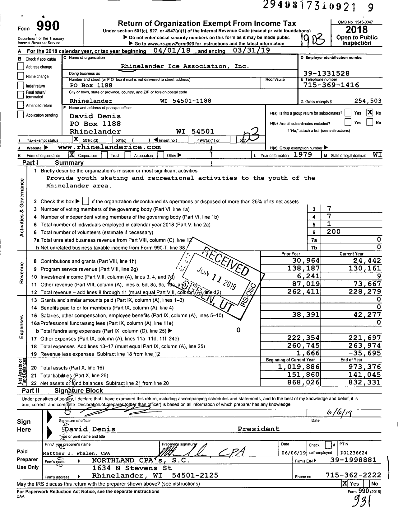 Image of first page of 2018 Form 990 for Rhinelander Ice Association