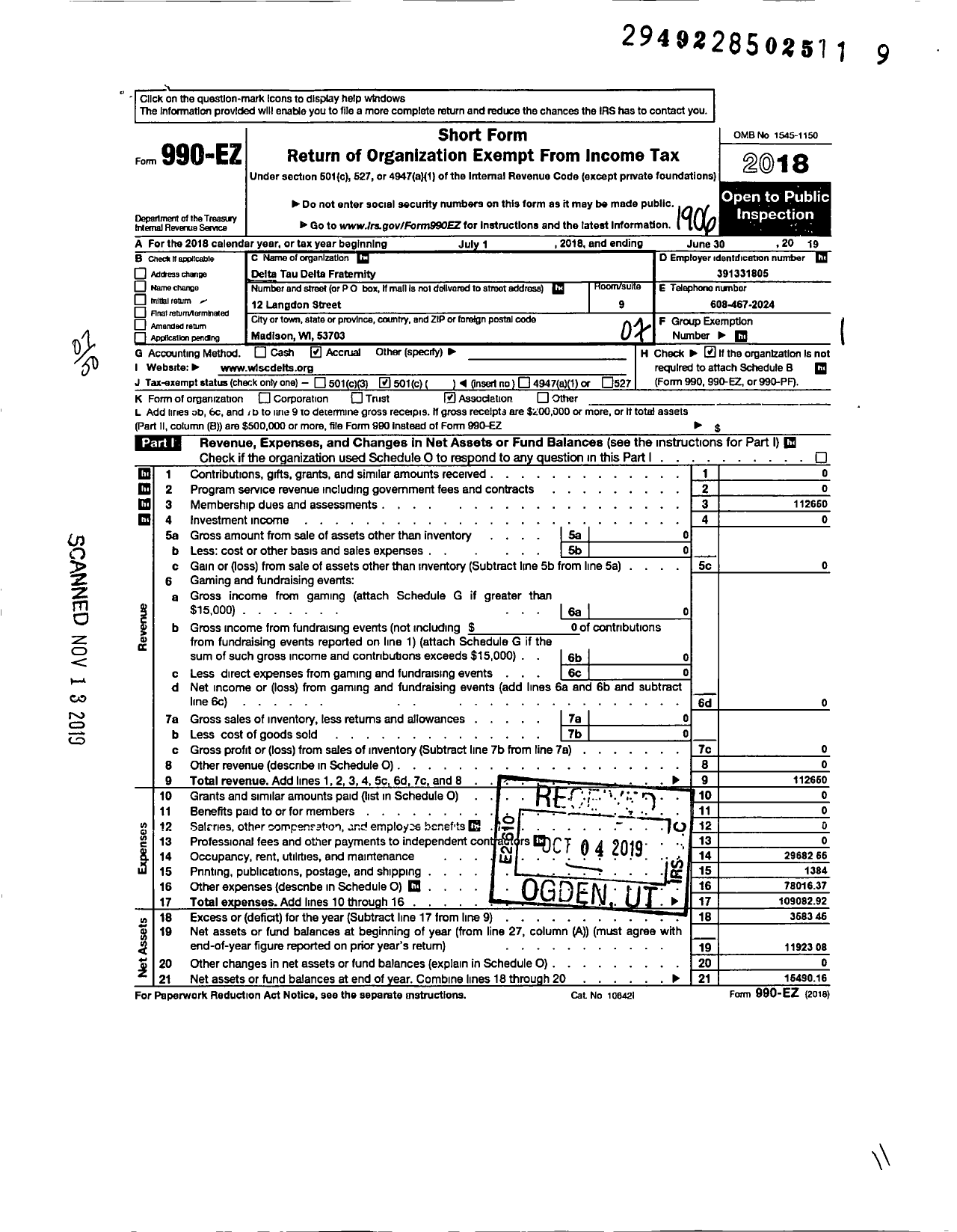 Image of first page of 2018 Form 990EO for Delta Tau Delta Fraternity - Beta Gamma Chapter